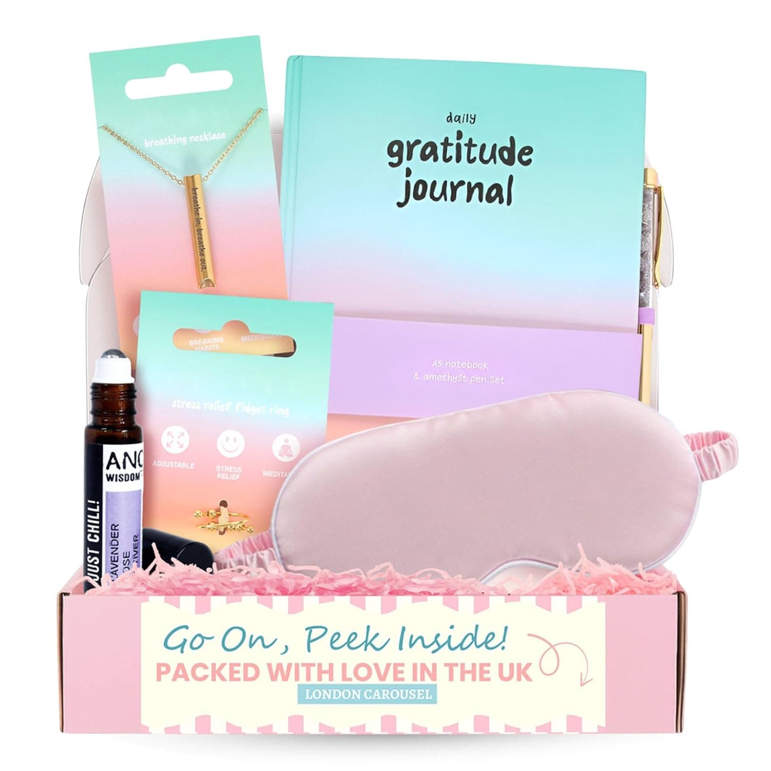 Positive Gifts – Breath & Believe Kit with Breathing Necklace, Anxiety Ring, Mindfulness Journal, Amethyst Pen, Sleep Mask & Essential Oil – Mindfulness and Relaxation Gift Set