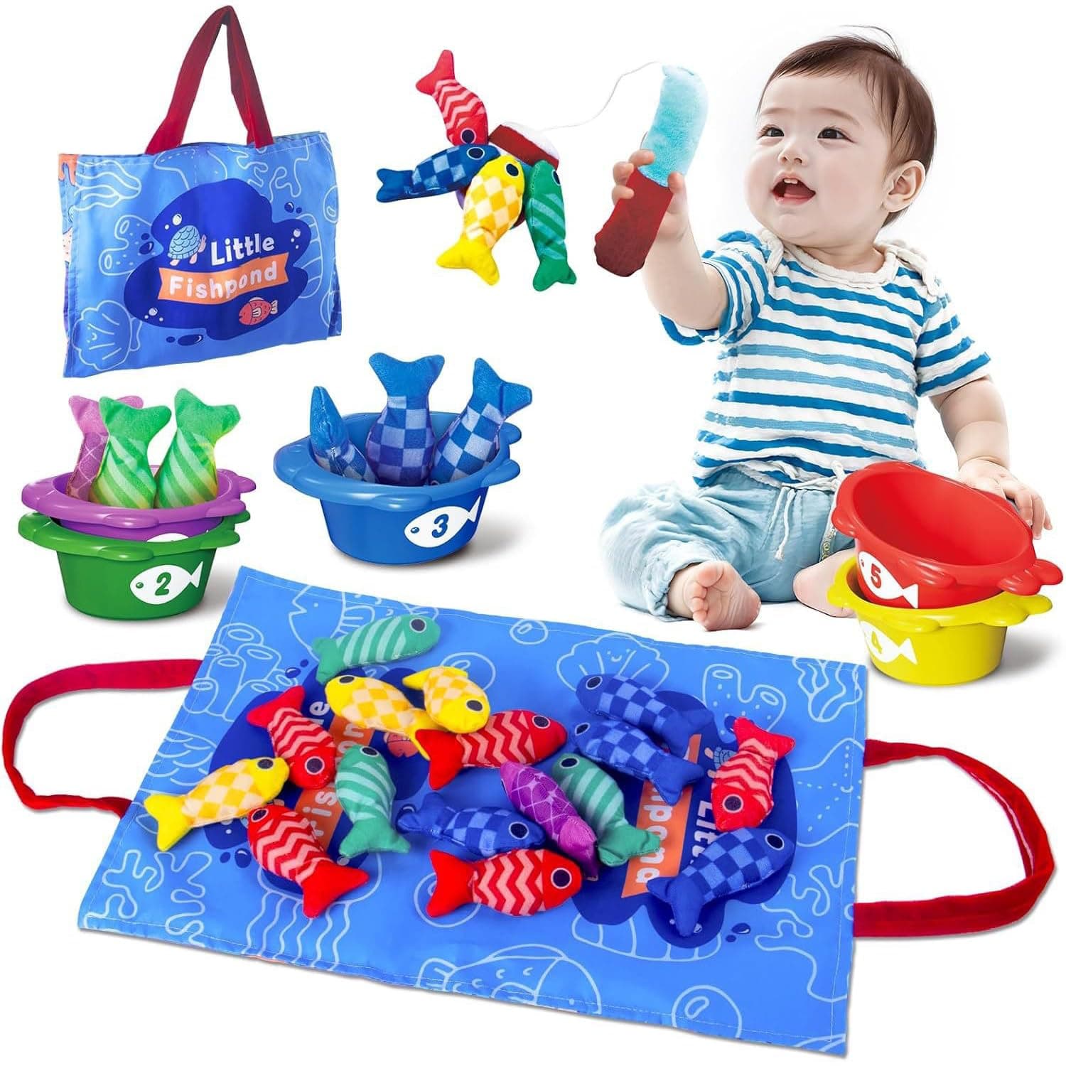 Toddler Montessori Toys, Cloth Fish Game Toys for Boy Toys Girls Baby Toys 18 Months+, Sorting Learning Baby Toys with Stacking Cups- Number Counting, Color Sorting