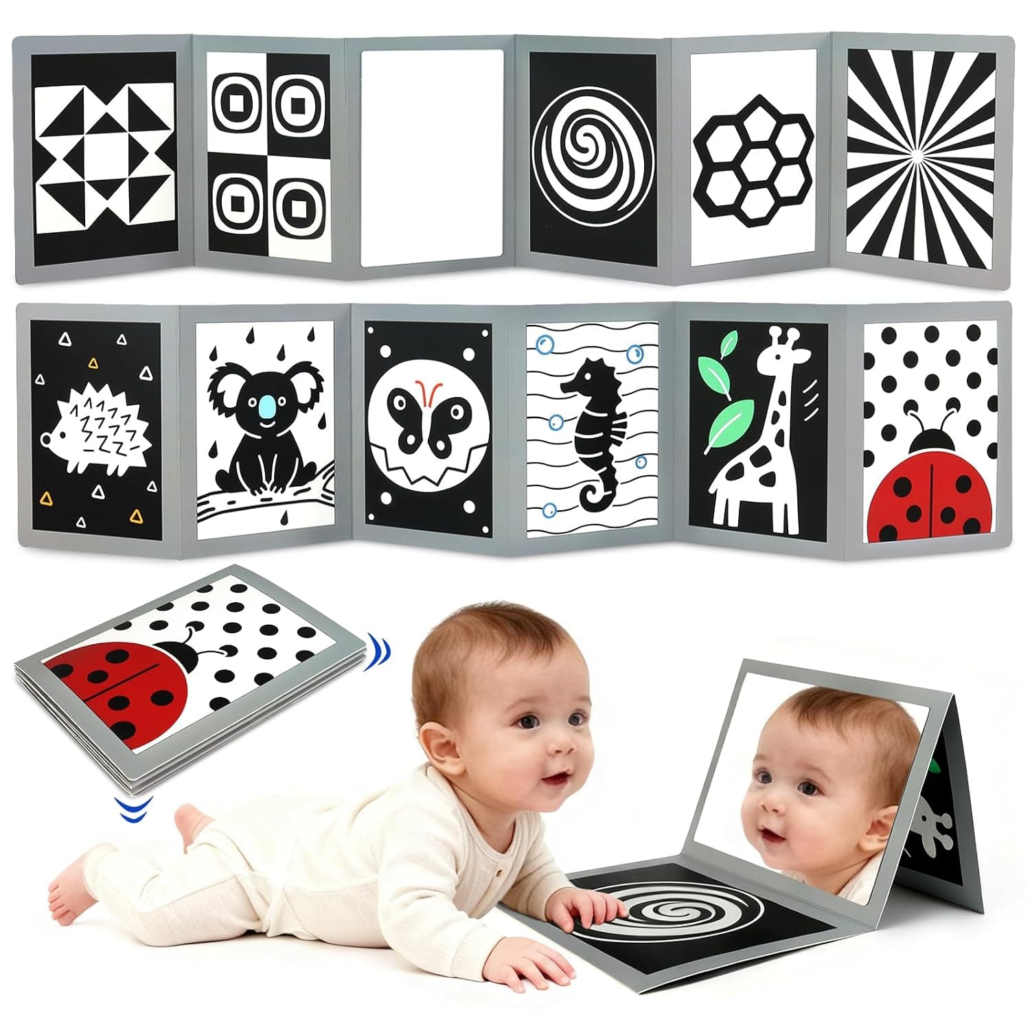 KUANGO Baby Toys 0-6 Months Flash Card Baby Book Black and White High Contrast Tummy Time Mirror Infant Newborn Toys 0 6 Months Brain Development 0-3 3-6 2 4 5 Gifts