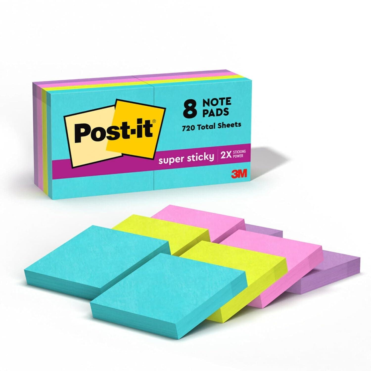 Post-it Super Sticky Notes 2 x 2 in (47.6 x 47.6 mm) 622 | Miami Assorted colors | Extra Sticky Notes | For Note Taking, To Do Lists | Clean Removal | Recyclable | 90 sheets/pad | 8 pads/pack