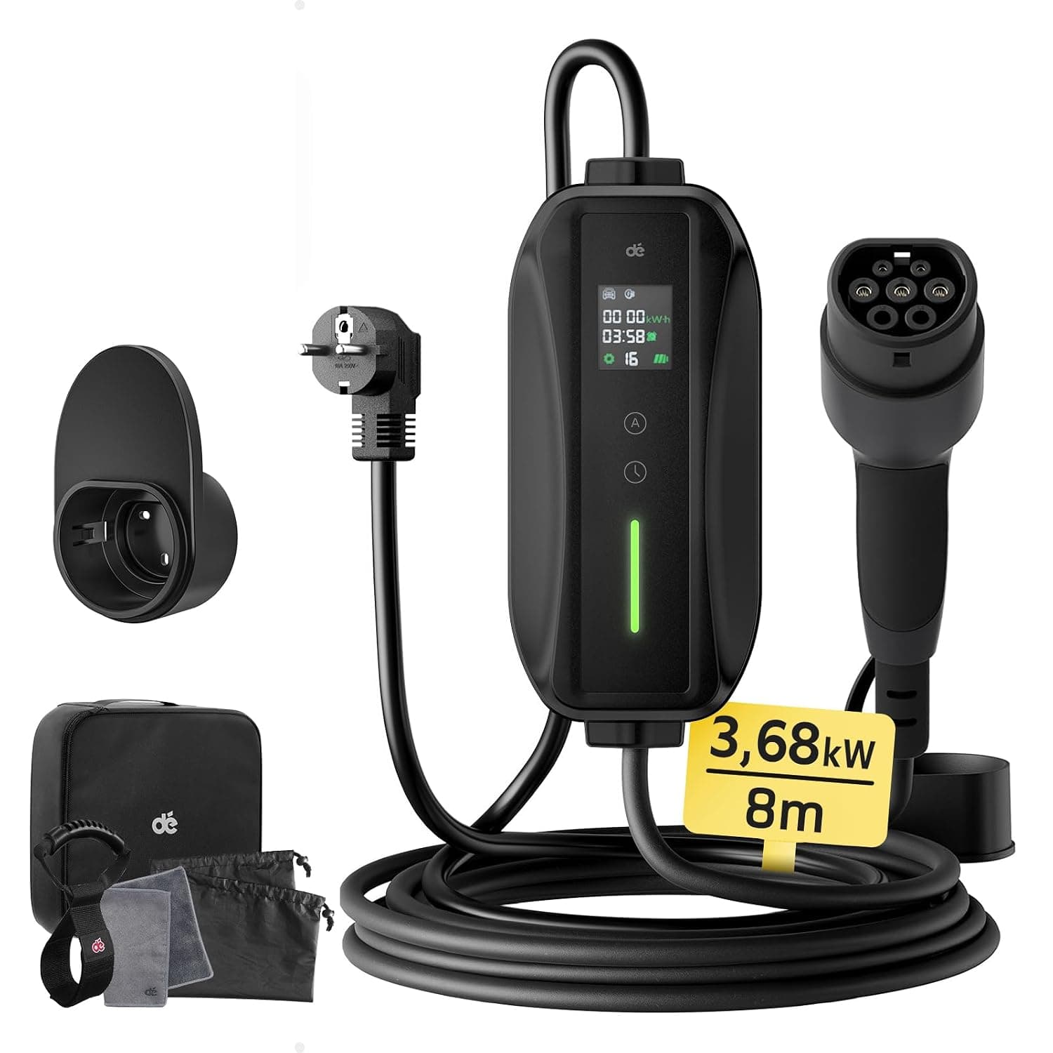 dé Schuko Electric Car Charger 3.7kW 8m | Electric vehicle charger Type 2, adjustable current 6-16A, programmed load 0.5-8h, IP66, RCD Type A 30mA AC + 6mA DC