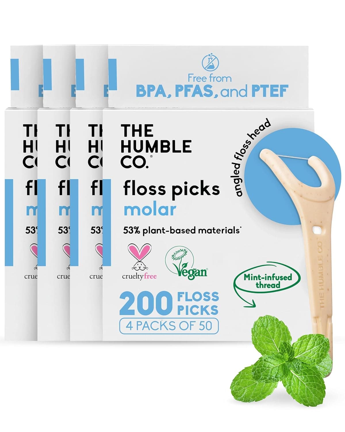 The Humble Co. Floss Picks (200 Count) - Plant Based Dental Floss Picks with Grip Handle for Superior Oral Care, Mint | Tooth Picks Flossers, Gum Health, Dental Oral Care & Hygiene, Gum Health, Interdental Flossers for Adults, Toothpick Floss
