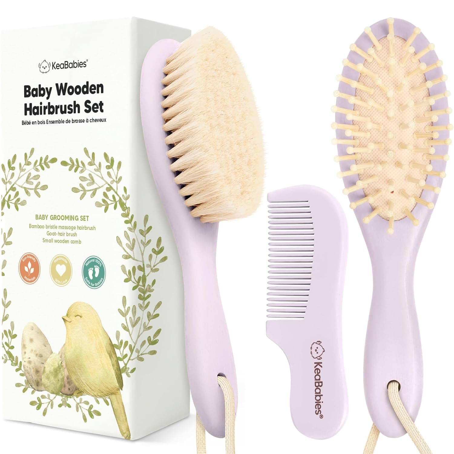 Wooden Baby Hair Brush Set for Newborns, Toddlers - Soft Goat Bristle Baby Brush and Comb Set Newborn Grooming Kit for Cradle Cap Care, Durable & Gentle, Boy, Girl Infant Essentials (Regular, Thistle)