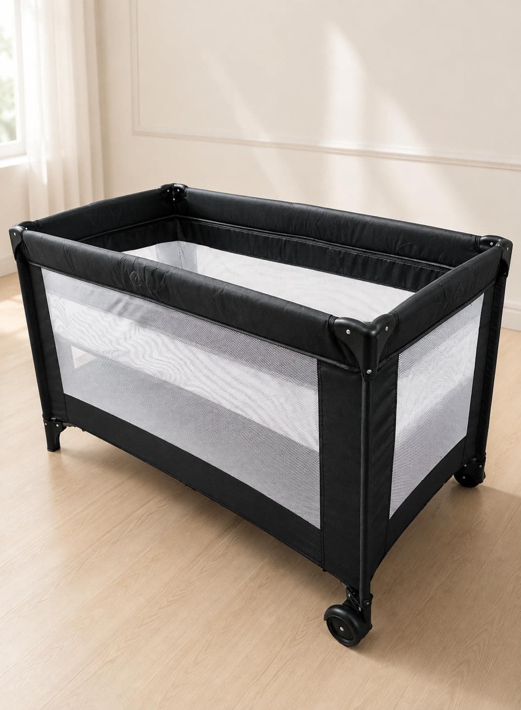 2 Levels Foldable Baby Bed with Side Window and Wheels - Black