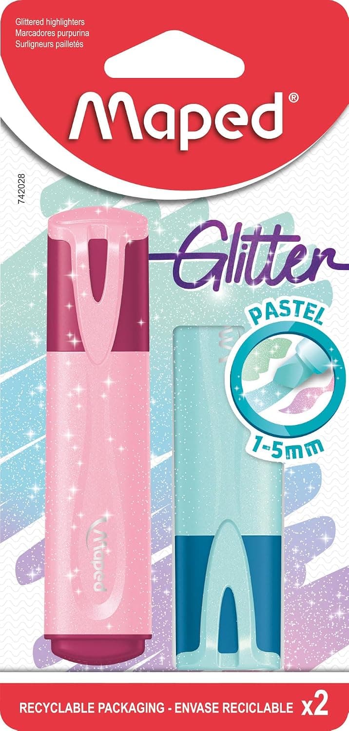 Maped Pastel Glitter Highlighter Pens (Pack Of 2 - Assorted Colours), 742028