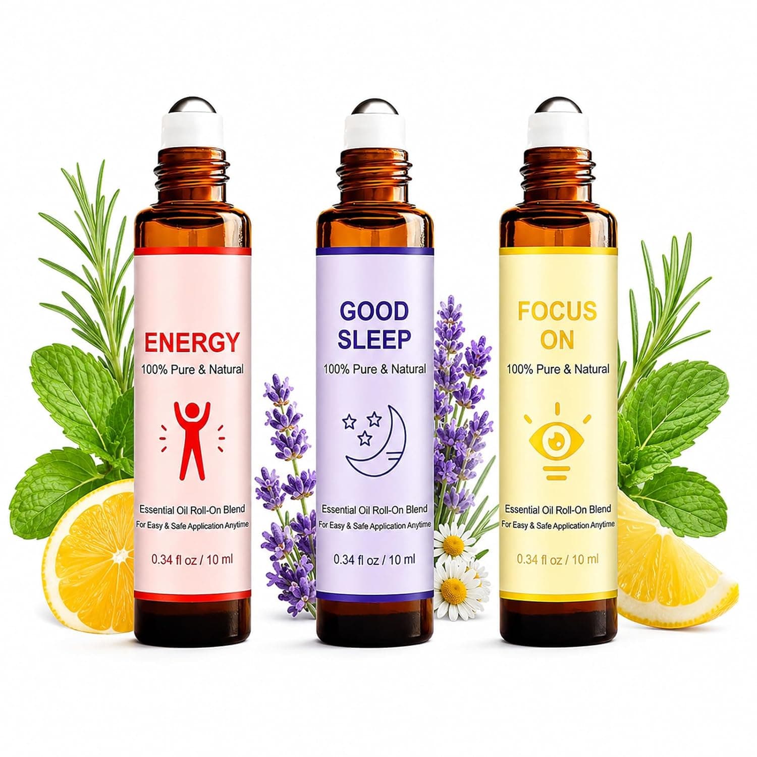 Essential Oils Roll On Set 3 x 10 ml, Aromatherapy Roll-On with Energy, Focus & Sleep, Premixed Natural Essential Oils, Essential Oil Roller for Relaxation, Concentration & Travel