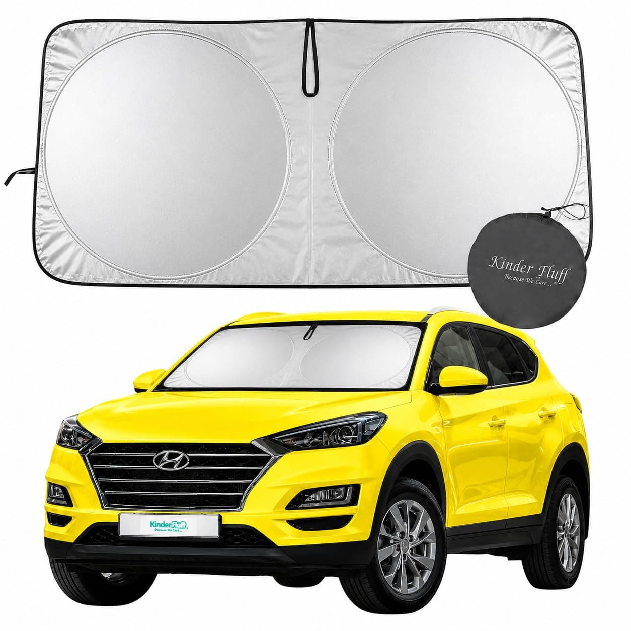 Kinder Fluff Windshield Sunshade | Reflective Patented Car Sun Protection - Certified 99% UVR Block - Cool Interior | Foldable Sun Visor Cover | Automotive Accessories Summer Heat | Size L+ 164x92cm