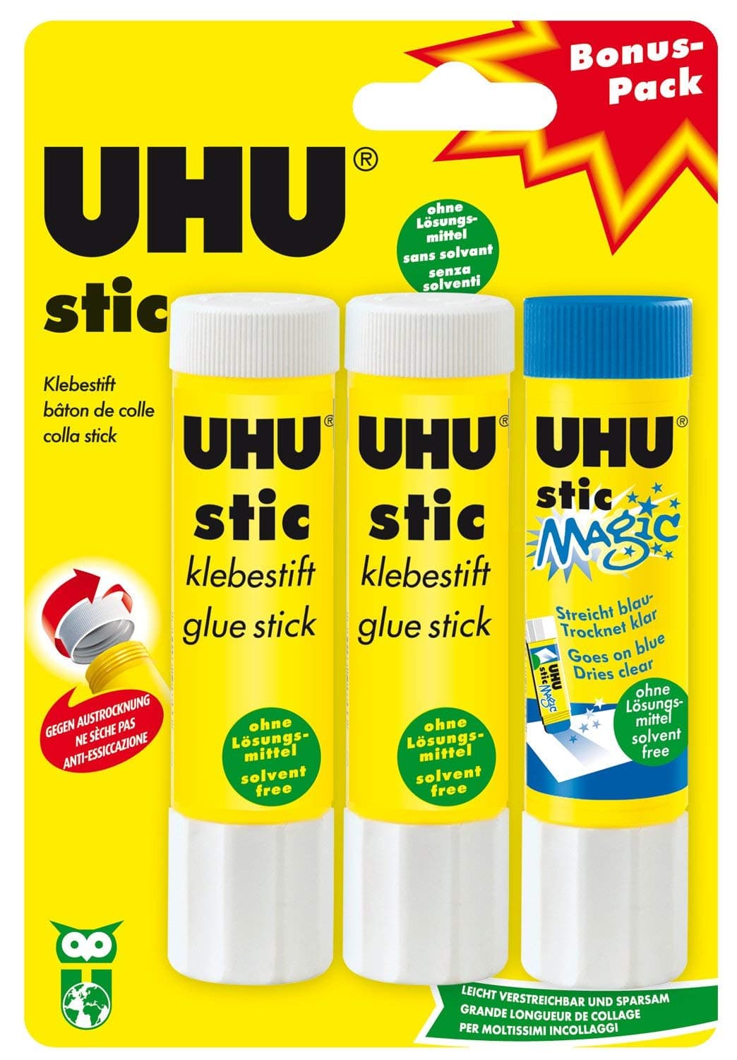 Uhu 45290 Glue Sticks Set of 3, 2 Stic with 1 Stic Magic, 21 g