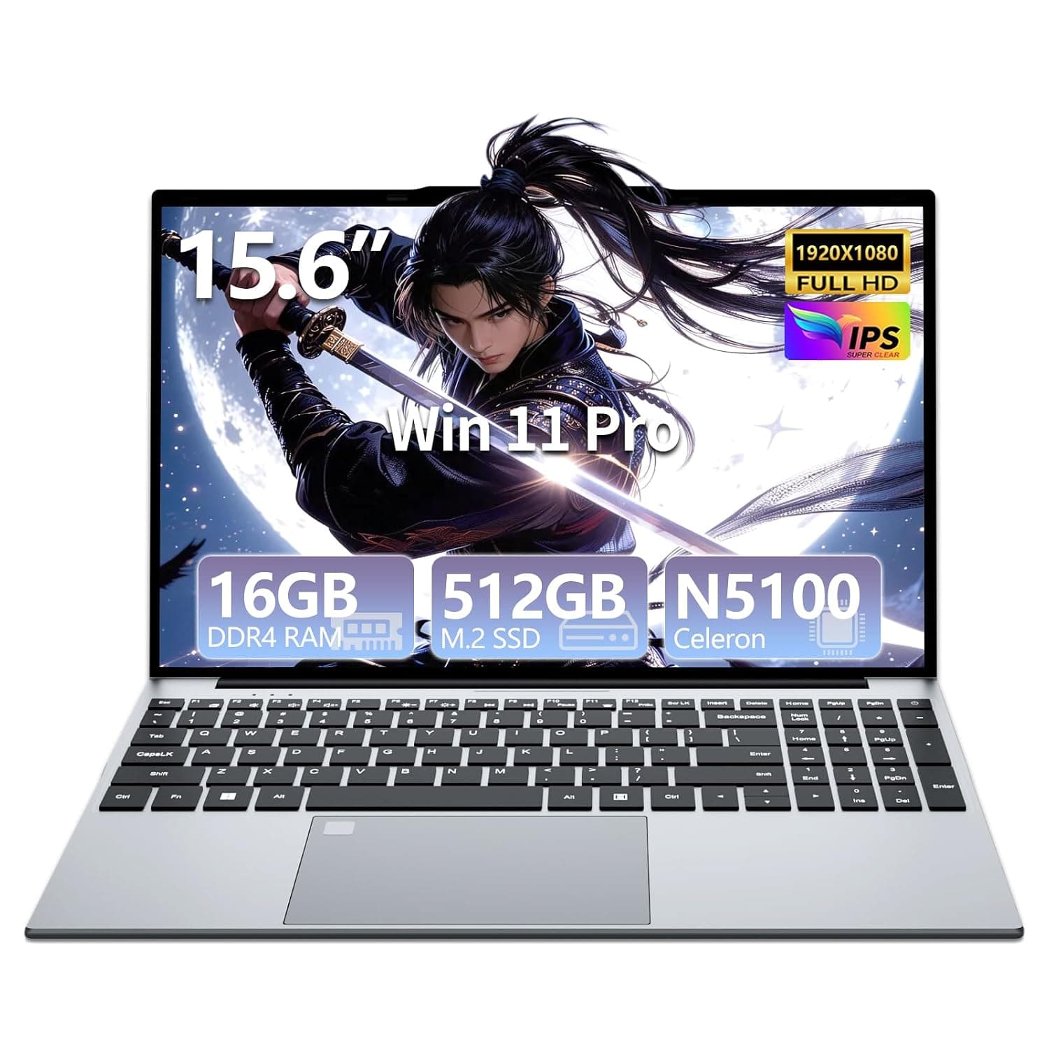 Laptop, 15.6 Inch Laptop Computer, 16GB RAM 512GB SSD, Win 11 Pro Laptops, Celeron N5100 (Up to 2.8GHz), FHD 1080P, 180° Open, Backlit KB, Fingerprint, WiFi, BT, TF Card, Mini HDMI, Silver PC Lap top