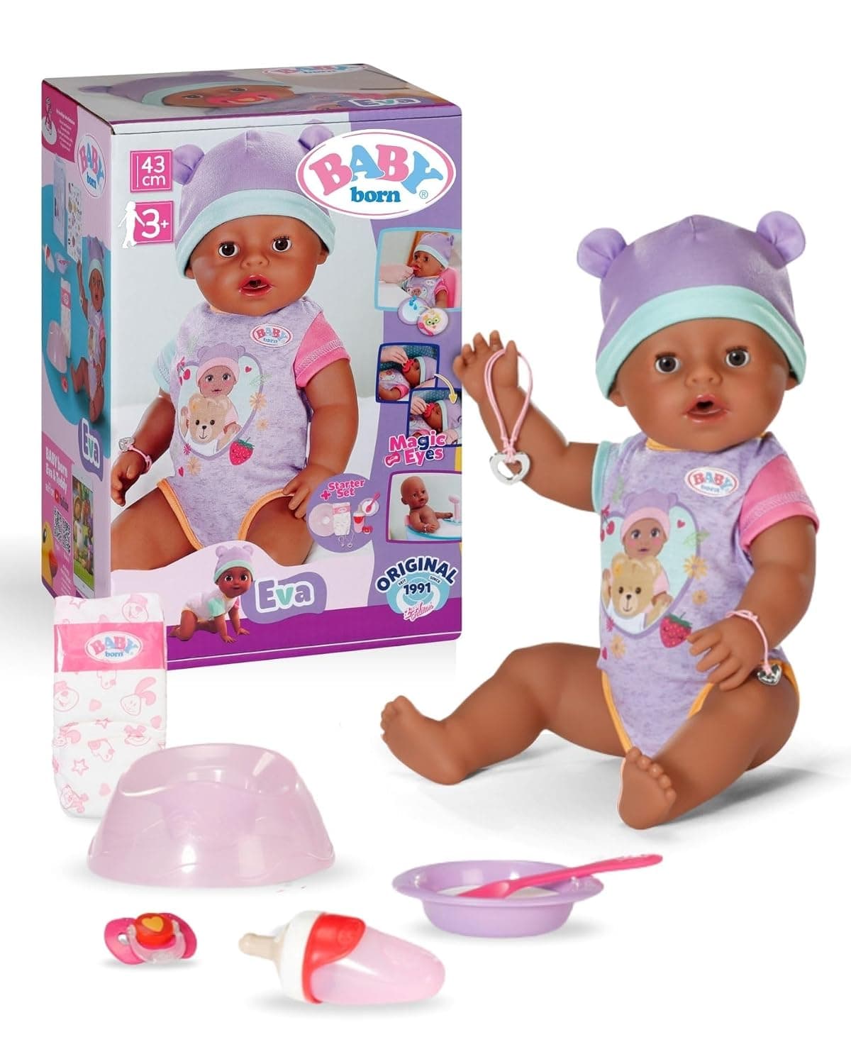 BABY born Eva 836408 Zapf Creation 43 cm Baby Doll with 10 Functions and Accessories, for Children from 3 Years, Works without Battery, 43 cm Large Doll