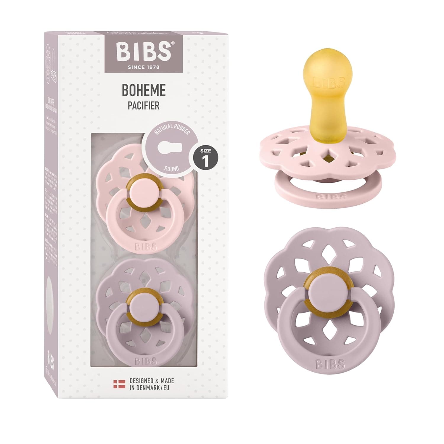 Bibs Baby Pacifier Boheme, Made with Natural Rubber Latex, Round Nipple, Mouth Skin Sensitive, Soft, Flexible, For Babies Aged Upto 6 Months, BPA-free, Blossom/Dusty Lilac Colour, Pack of 2, Size 1