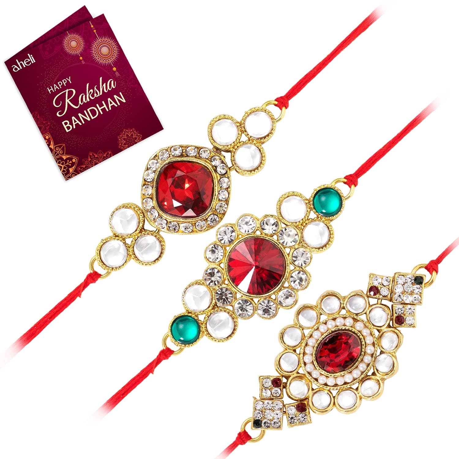 Aheli Thread Rakhi for Brother Beautiful Kundan Beads Studded Raksha Bandhan Rakhi
