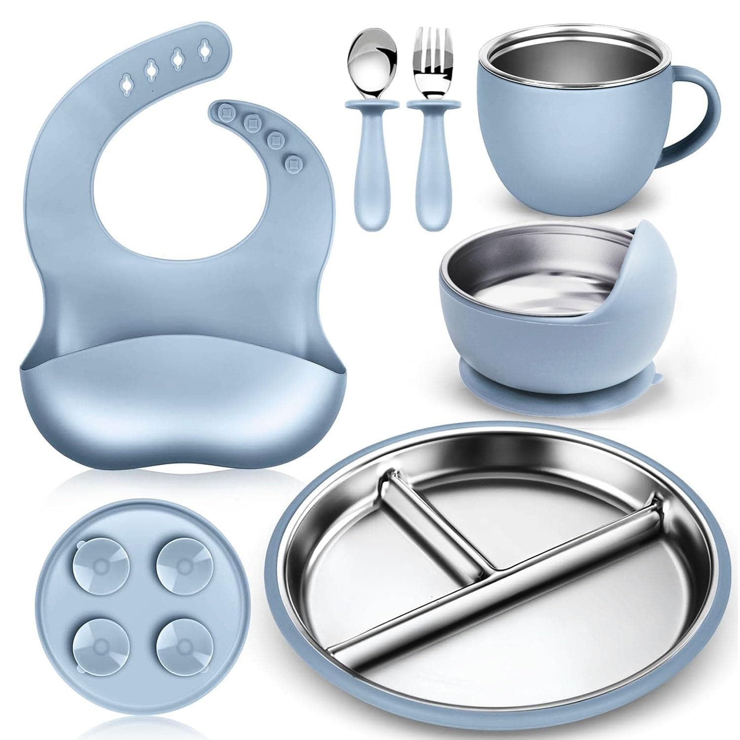 LinJie Stainless Steel Kids Plates and Bowls Set, 6 PCS Baby Feeding Set with detachable silicone and suction cups, Fork for 6+ Months Dishwasher Safe