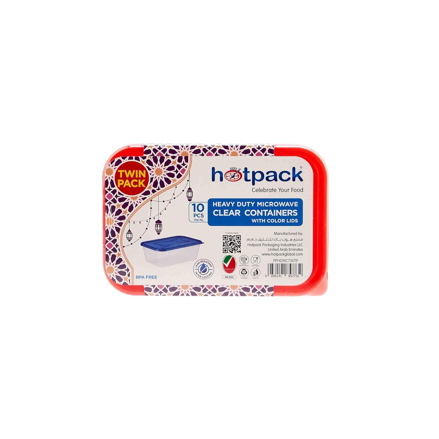Hotpack Heavy Duty Microwave Clear Containers with Color Lids 750ml, 10 Pieces