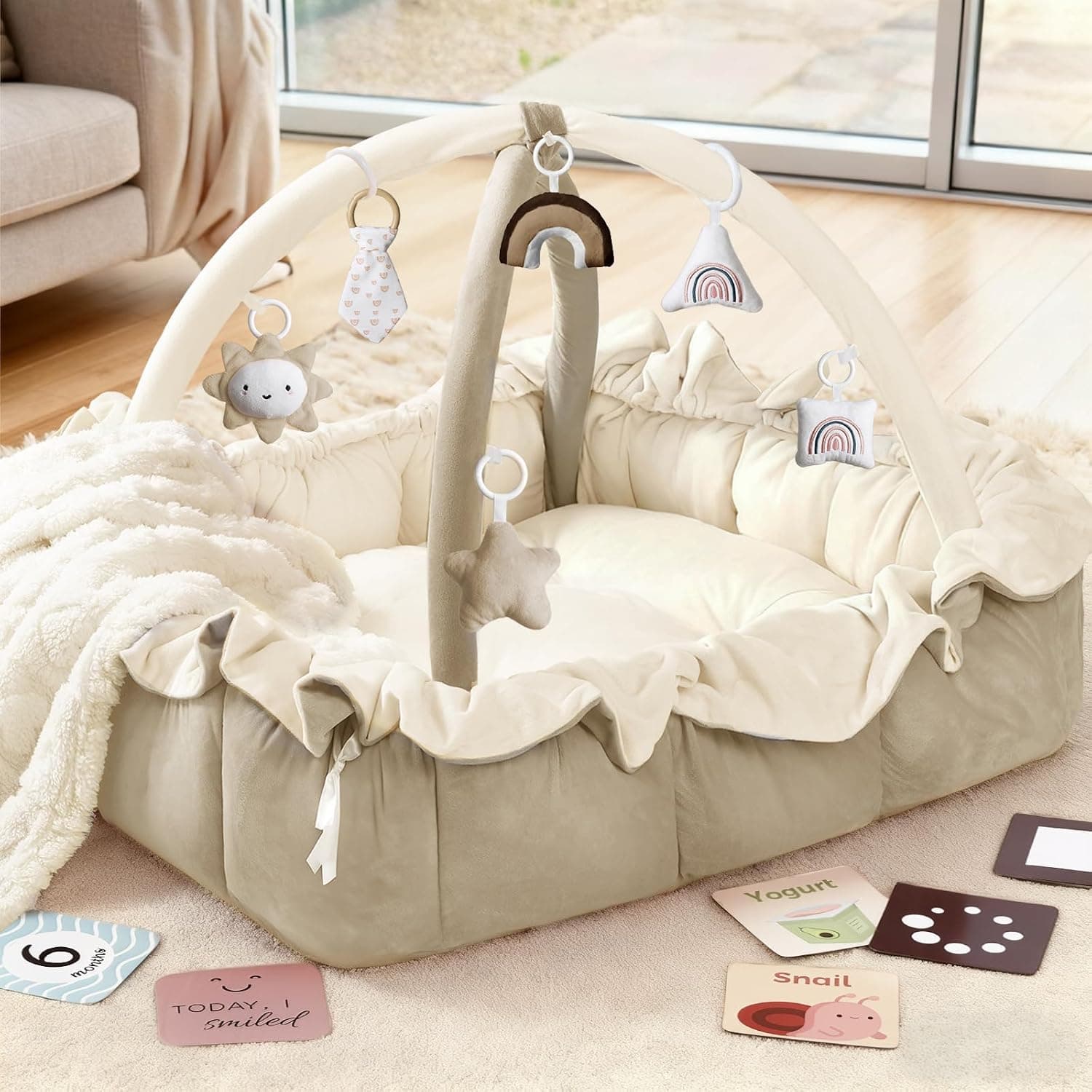 5-in-1 Plush Baby Play Gym, Baby Play Mats, Convertible Baby Gym with Blanket and 6 Toys, Tummy time mat, Baby Activity Center from Newborn to Toddler, Baby Gym, Ball Pit, Baby Gifts Ped Bed, Brown