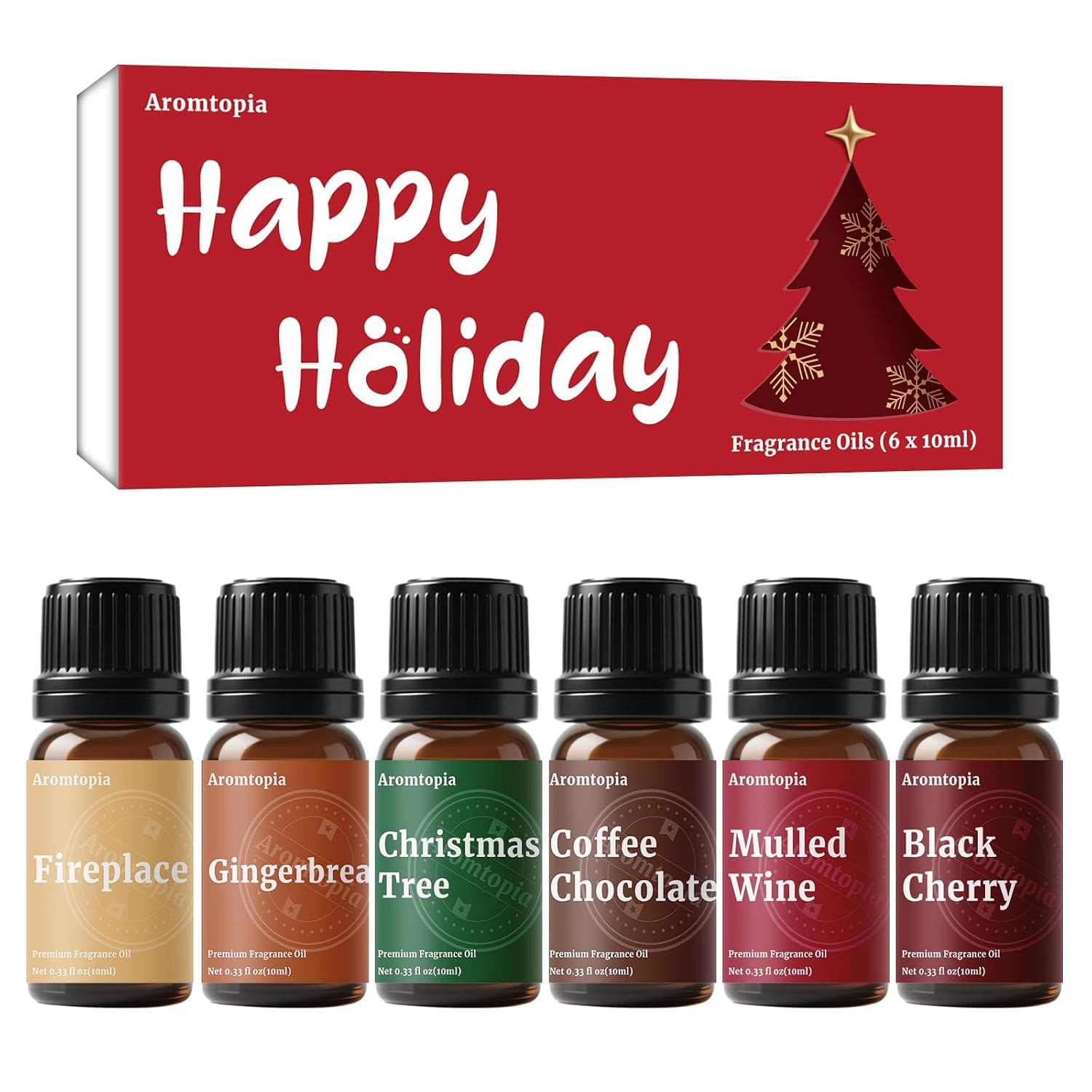 Diffuser Fragrance Oils, Aromtopia Essential Oils for Diffusers for Home, 6x10ml Happy Holiday Set, Winter Scents for Candle Soap Making, Dryer Ball, Christmas Tree, Coffee Chocolate, Black Cherry