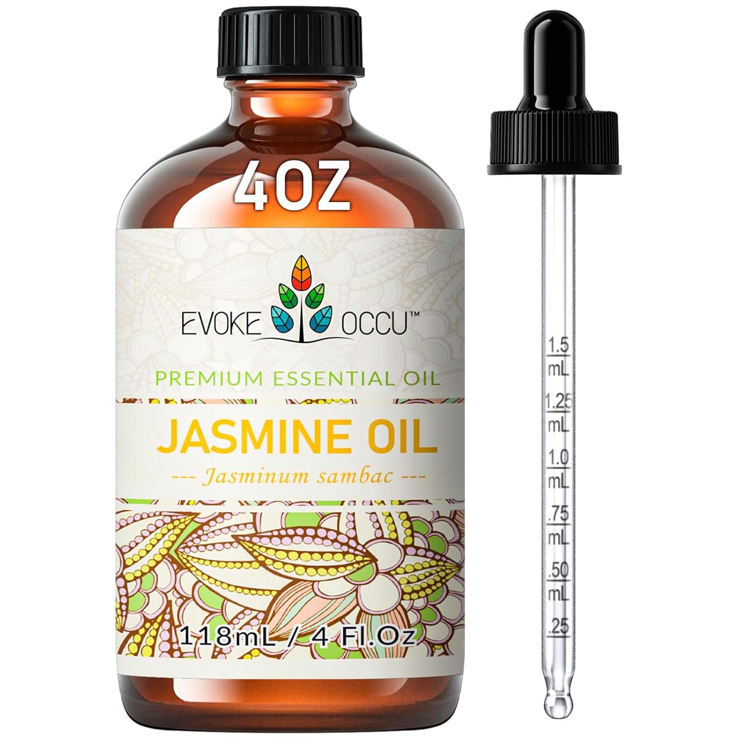EVOKE OCCU Jasmine Oil 4 Fl Oz, Pure Jasmine Essential Oil for Diffuser, Skin, Hair - 118ml | Mild Floral Aroma For Relaxation, Purify Air, Perfect For Spray & Diffuser Daily Use - 4 Fl Oz / 118ML