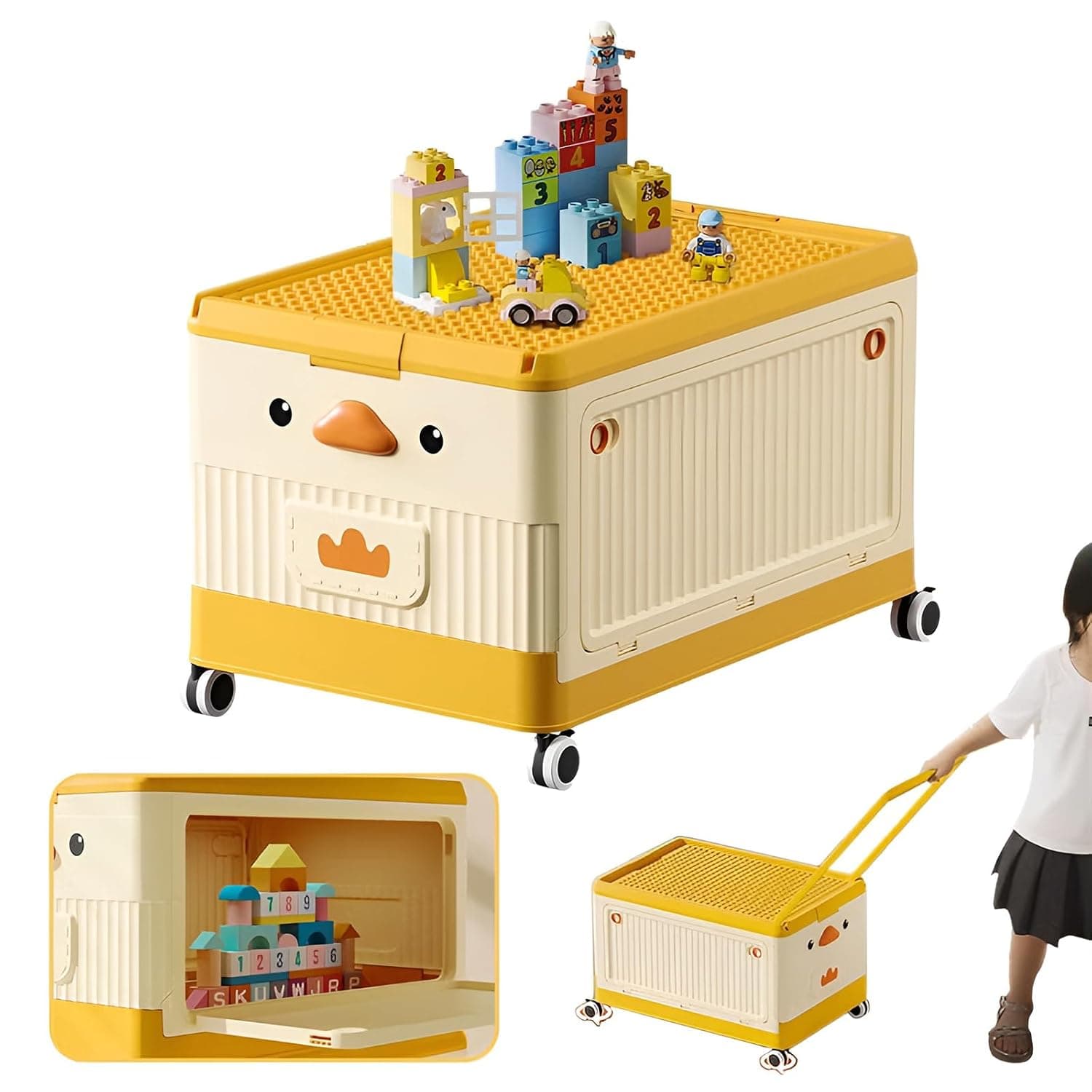 Baby Toy Storage Box With Wheels and Building Block Lid, Children Toys and Cloth Storage Bin, Organizer, Basket, Trunk for Kids Boys and Girls, Toddlers and Baby Nursery Room