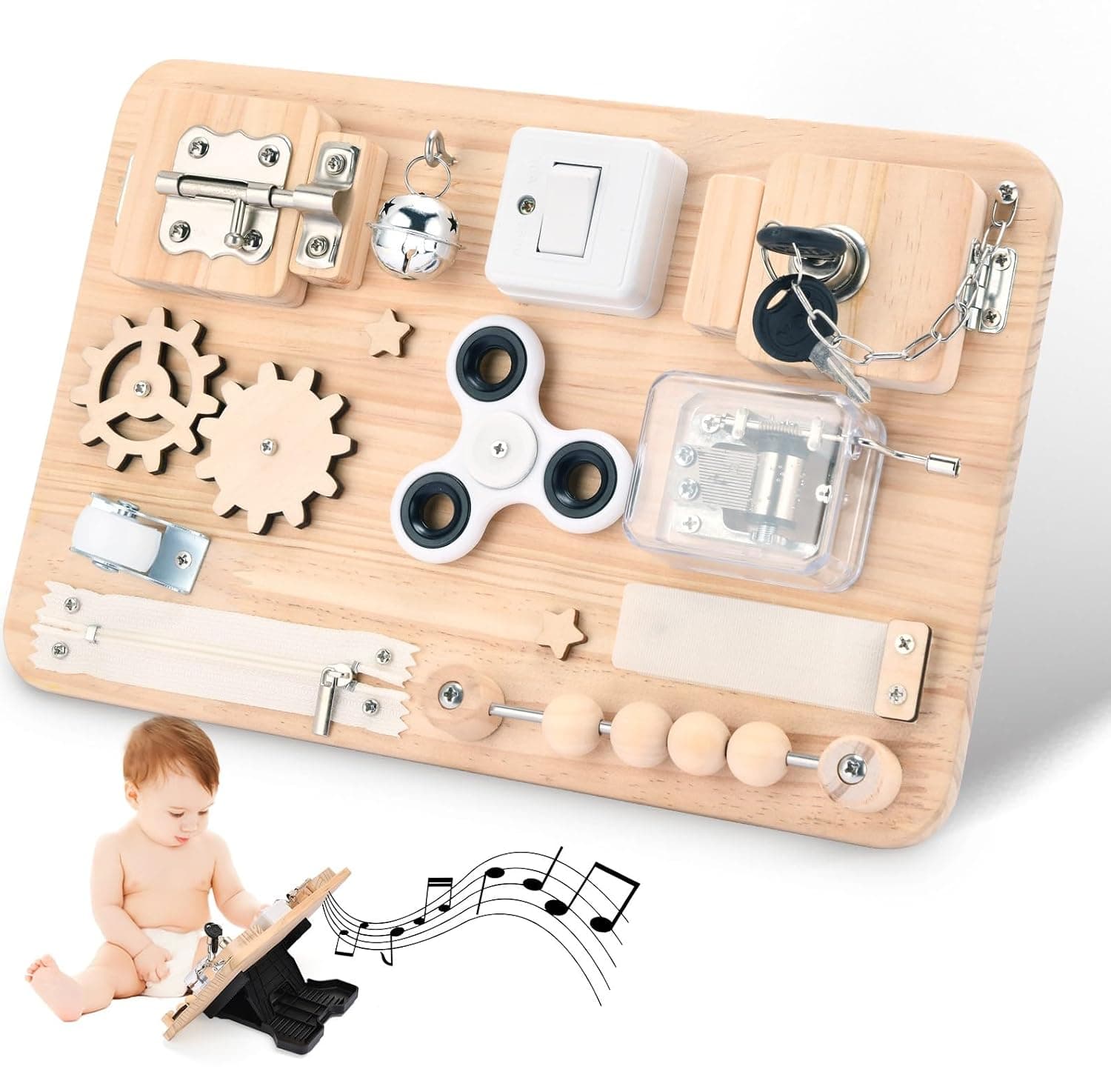 Montessori Busy Board Wooden Toy - Sensory & Motor Skills Toy for Children - Activity Board Travel Toy for Boys & Girls - Gift for School Enrolment - Birthday - Autism & ADHD Suitable