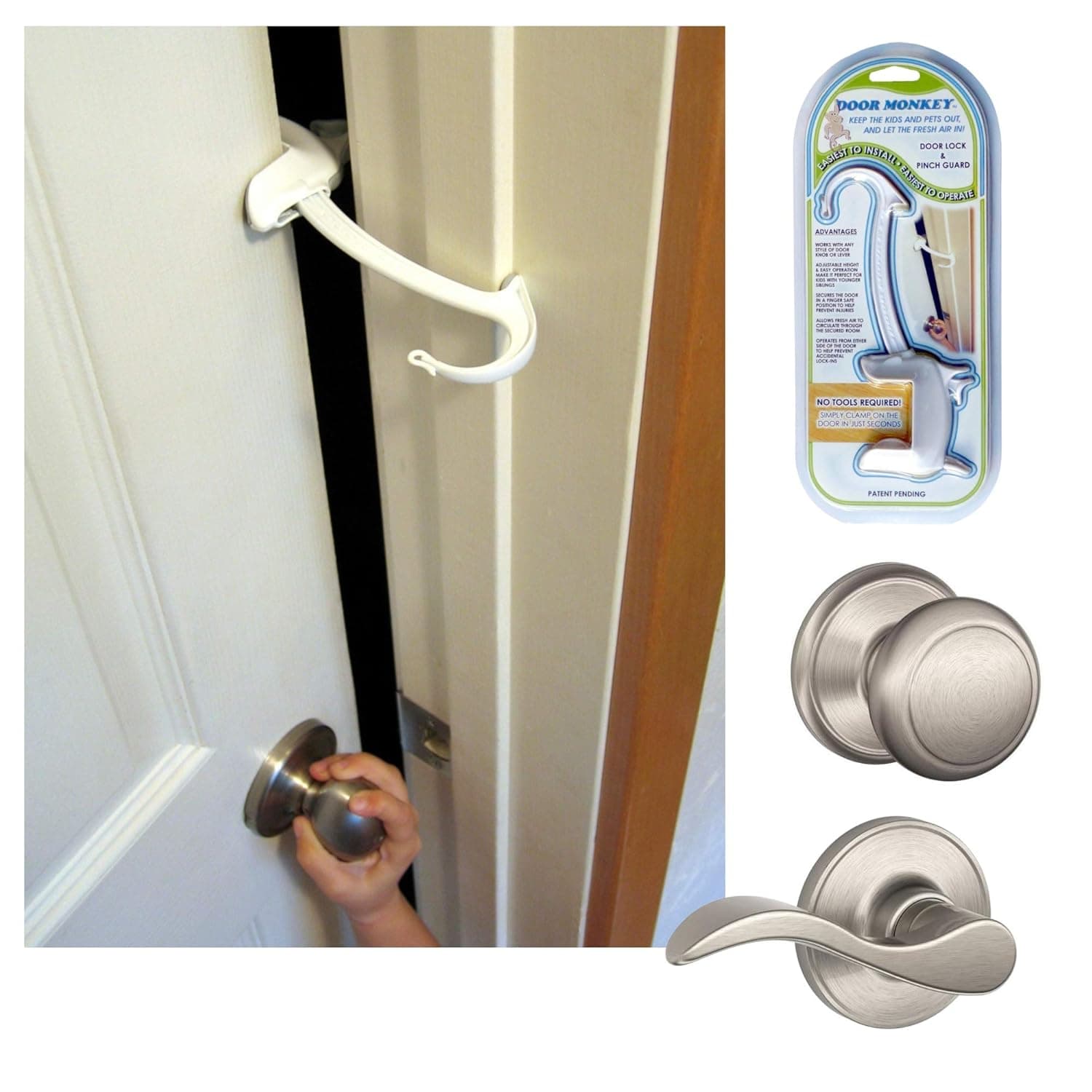 DOOR MONKEY Door Lock & Pinch Guard - Safety Door Lock For Kids - Baby Proof Door Lock For Bedrooms, Bathrooms & Kitchens - Easy, Convenient & Simple To Install - Very Portable - Great For Dogs & Cats