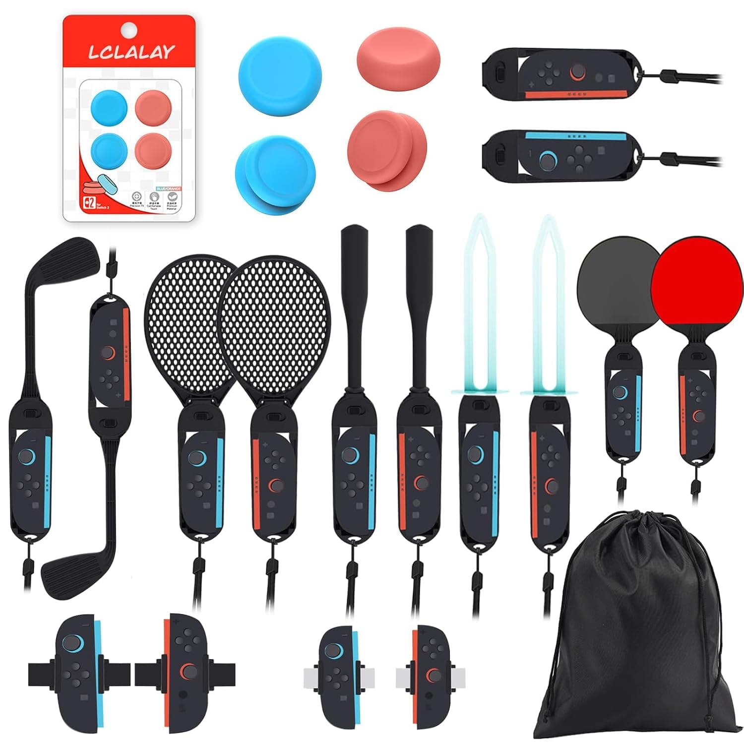 LCLALAY Switch 2 Sports Accessories Bundle for Nintendo Switch 2 (2025), 16-in-1 Sports Party Pack Kit with Joycon 2 Grips, Golf clubs, Baseball/Tennis/Table Tennis Racket, Wrist/Leg Straps, Swords