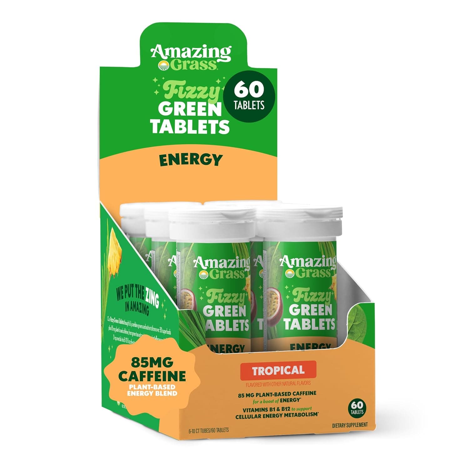 Amazing Grass, Green Superfood, Effervescent Greens Energy, Tropical Flavor, 6 Tubes, 10 Tablets Each | Effervescent Greens Tablet with 85mg Plant-Based Caffeine, 1 Serving of Fruits & Veggies, Vitamins B1 & B12
