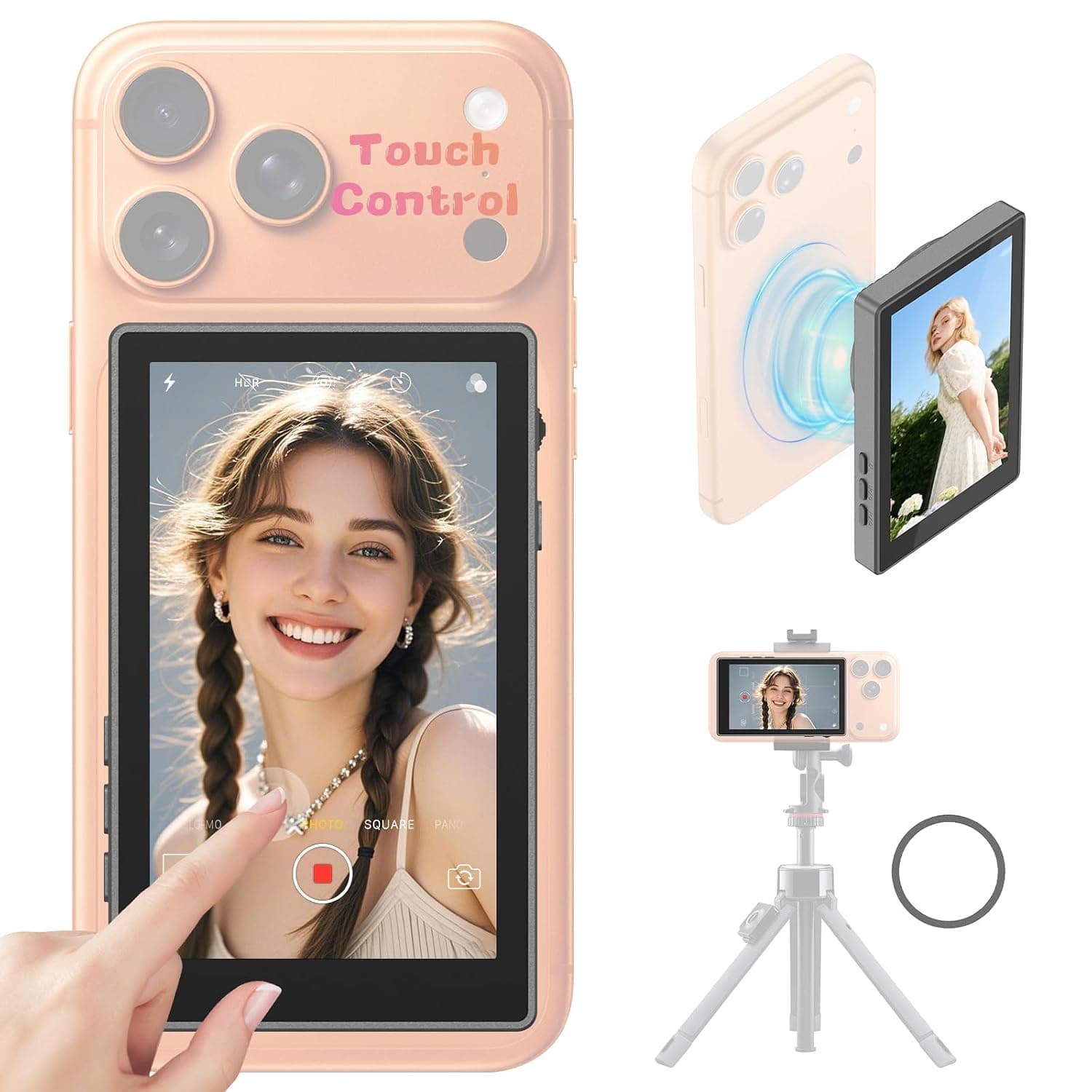 Selfie Monitor Screen Compatible with iPhone 17 and Below & Android, Magnetic Touchscreen Back Camera Vlog Monitor,4K 60fps,164ft Range,1500mAh,Selfie Screen for Vlog Live Stream TikTok YouTube(Black)