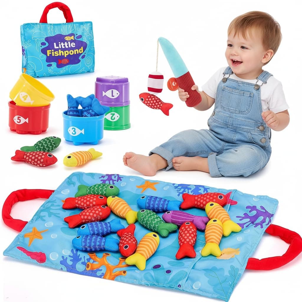 Beauenty Montessori Toy for 1-3 Year Old Children -10in-1 Fabric Fishing Game for Toddlers, with Stacked Cups, Number Counting, Color Recognition, Gift for 1-3 Year Old Boys and Girls