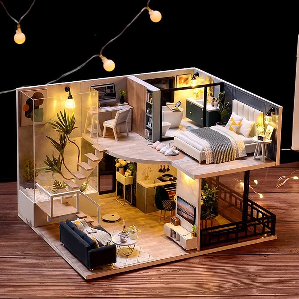 DIY Dollhouse Miniature with Furniture, DIY Wooden Dollhouse Kit Plus Dust Proof and Music Movement, Creative Room for Valentine's Day Gift Idea (Cozy Time), One Size