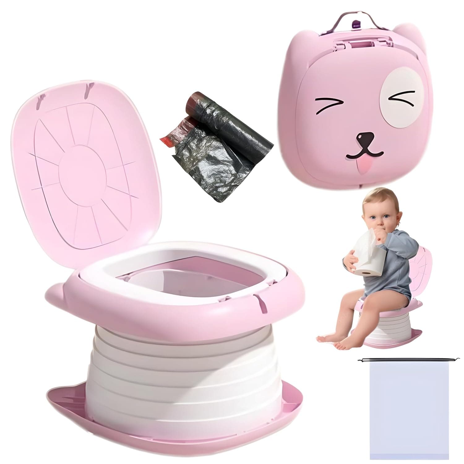 Foldable Potty, Portable Potty for Toddler Travel - Portable Toilet for Kids, Car Potty for Emergency, Ideal for Camping, Indoor & Outdoor Use with 15 Replacement Bags (pink)