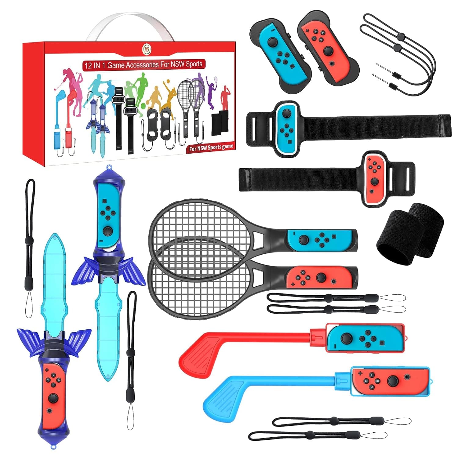 Switch Sports Accessories Bundle - Nargos 12 in 1 Kit for Switch & Switch OLED: Joy Con Grips for Mario Golf Super Rush, Wrist Dance Bands & Leg Straps, Comfortable Grip Case and Tennis Rackets