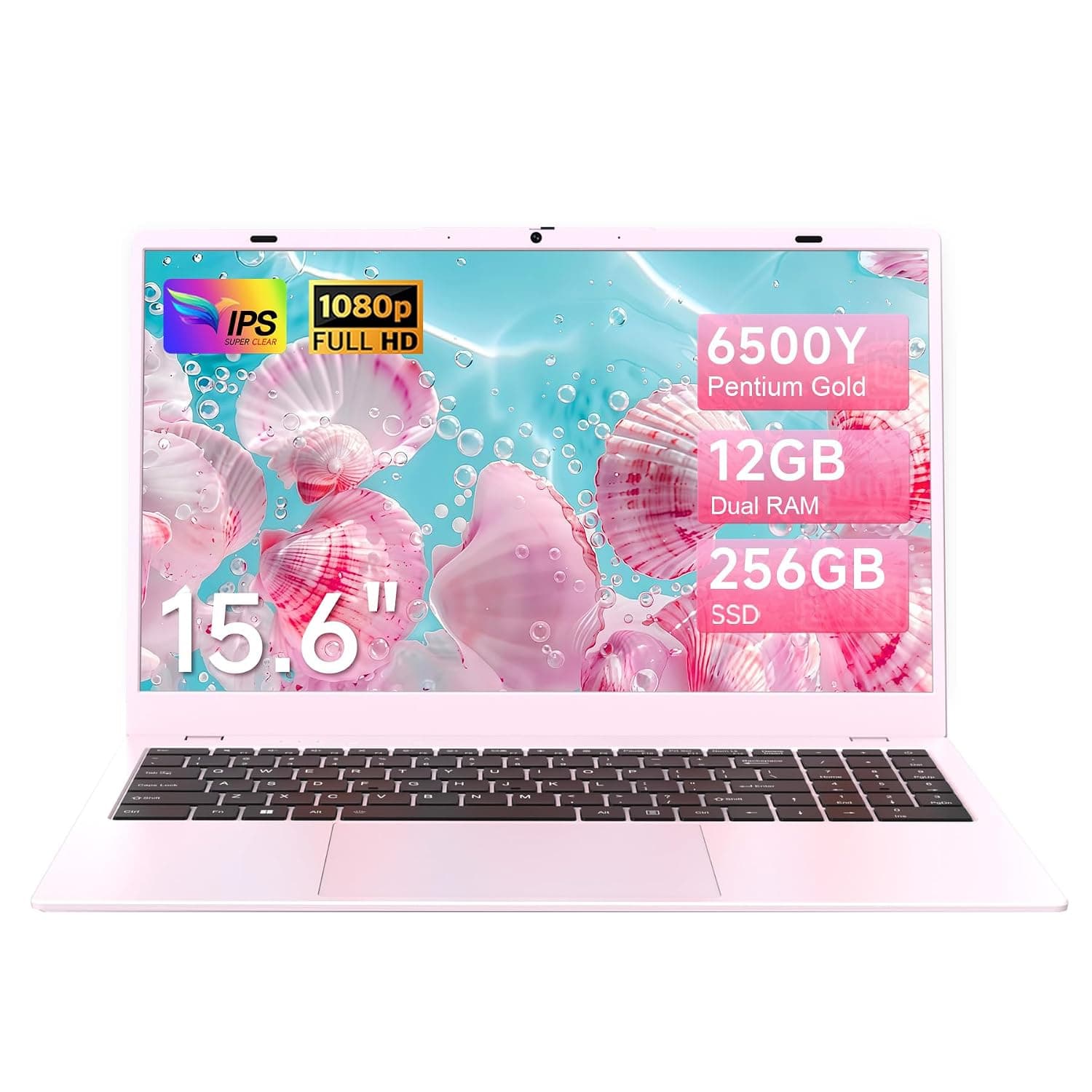 15.6 Inch Pink Laptop Computer, 12GB RAM 256GB SSD, FHD IPS Display, Pentium Gold 6500Y, Lightweight Student Laptop for School, Work & Everyday Use, Portable Laptop with USB-C HDMI WiFi