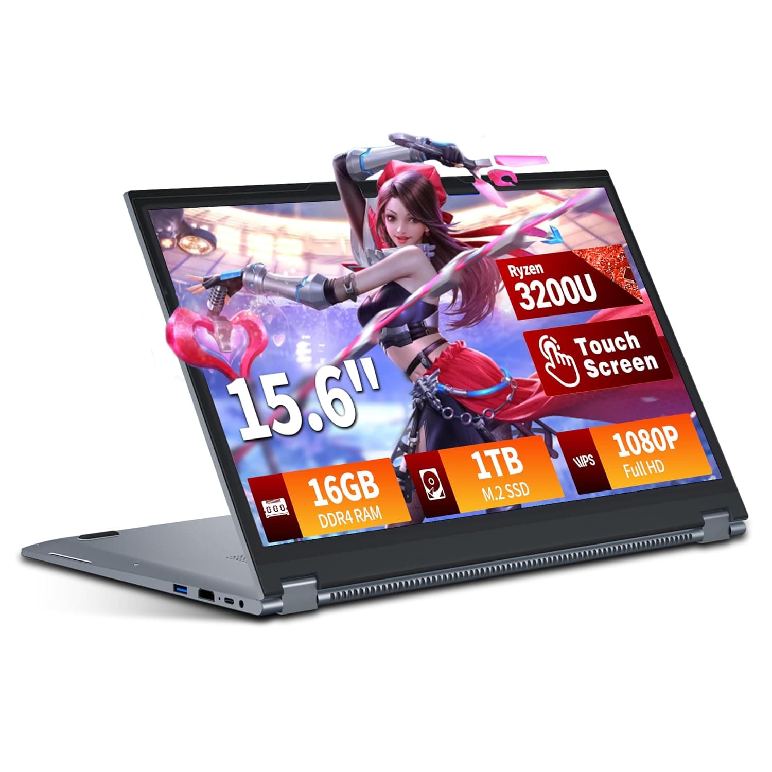 2 in 1 Touch Screen 15.6 Inch Laptop Ryzen R3-3200U (up to 3.5GHz) Laptop PC 16GB RAM 1TB SSD 360° Rotation FHD IPS Win 11 Laptop Keyboard Backlit TypeC RJ45 WIFI 5 HDMI