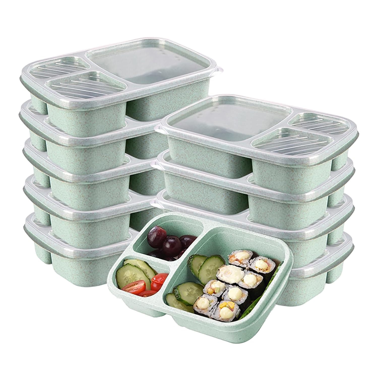 Tazweeq Bento Box, 10Pcs Lunch Box for Kids School, Meal Prep Containers, Reusable Food Storage Containers with Lids, Microwave Lunch Box with Compartment for Kids School Adult Office (Green)