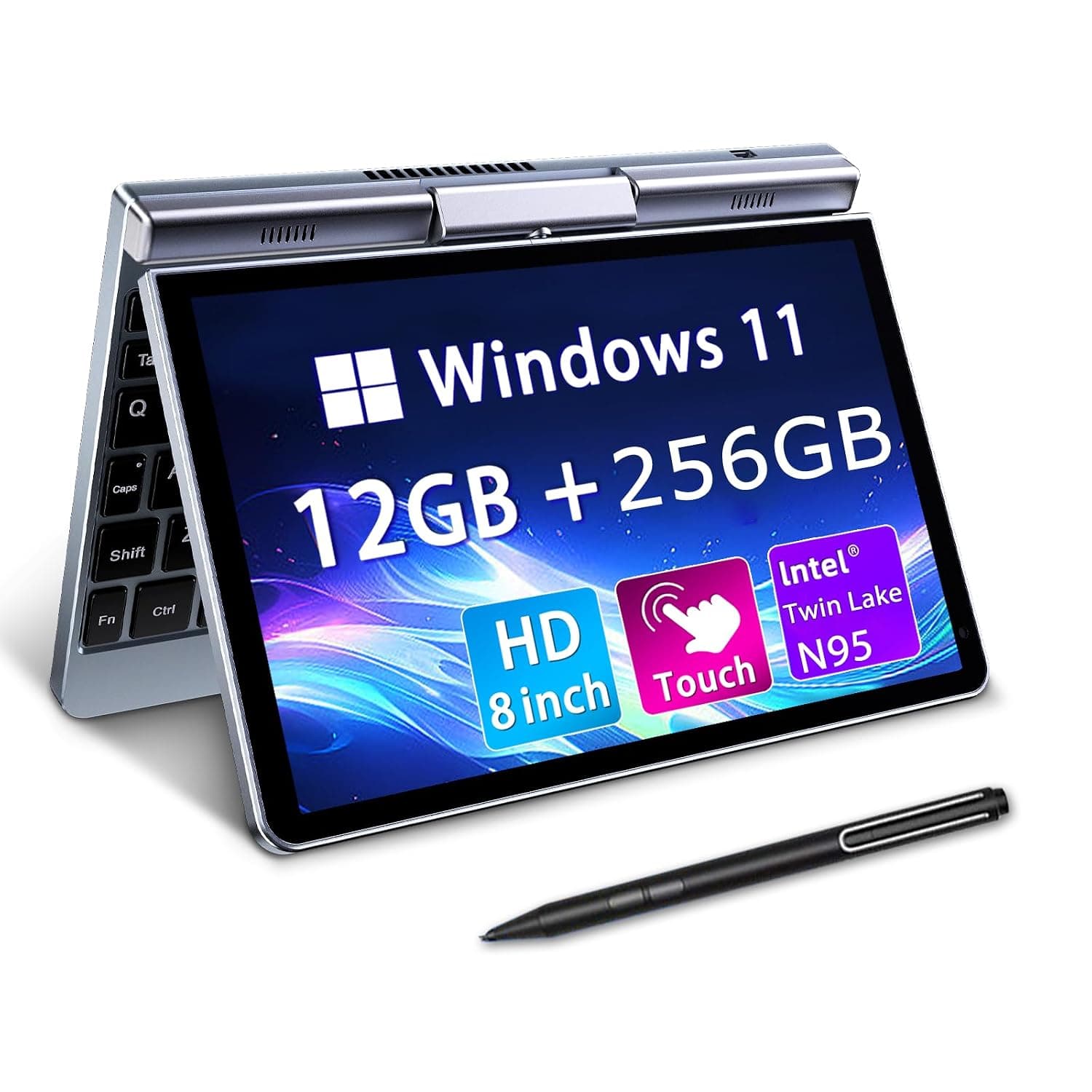 Mini Laptop 8" 2-in-1, Laptop Computer Win 11, Intel N95(up to 3.4GHz), 12GB RAM 256GB SSD, Touchscreen HD, Backlit Keyboard, Lightweight Portable PC for Work/Kids/School (N95(12GB+256GB))