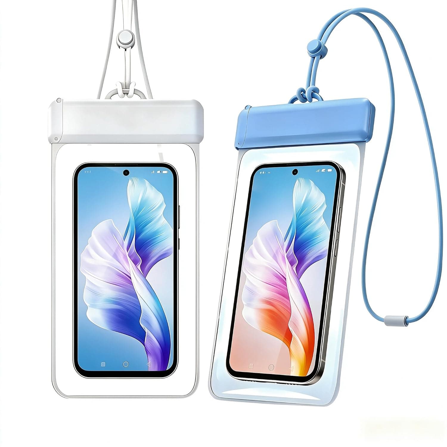 2 Pack IPX8 Waterproof Phone Pouch, Up to 7.2" Universal Cell Phone Dry Bag with Adjustable Lanyard, Four‑Layer Sealing Sensitive Touch Underwater Case for Swimming and Beach (white & blue)
