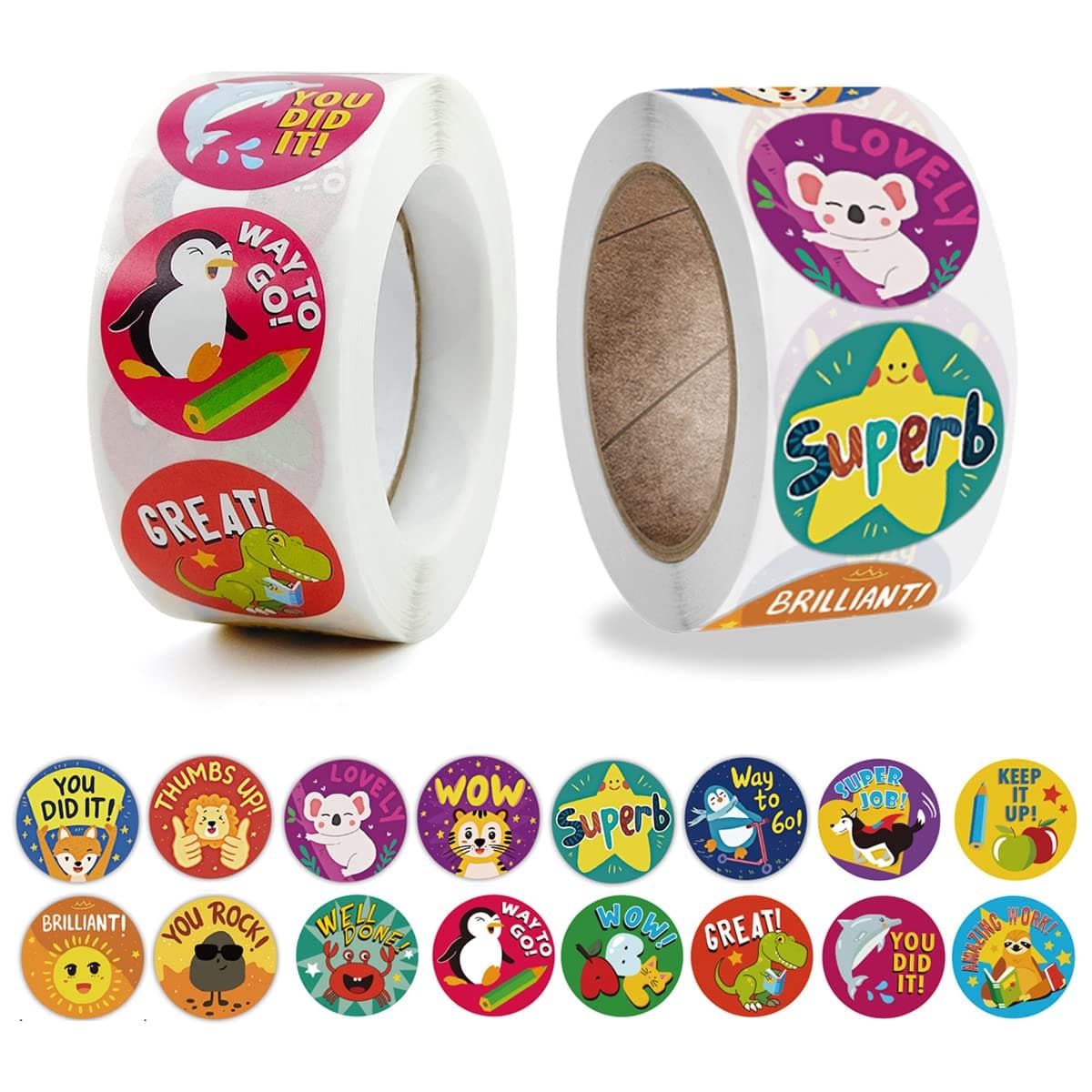 IBAMA 1000Pcs Reward Stickers for Teachers Incentive Stickers Supplies for Classroom Motivational Sticker Classwork Award Sticker Kids School Training Encouraging Round Cute Cartoon Design-2 Roll