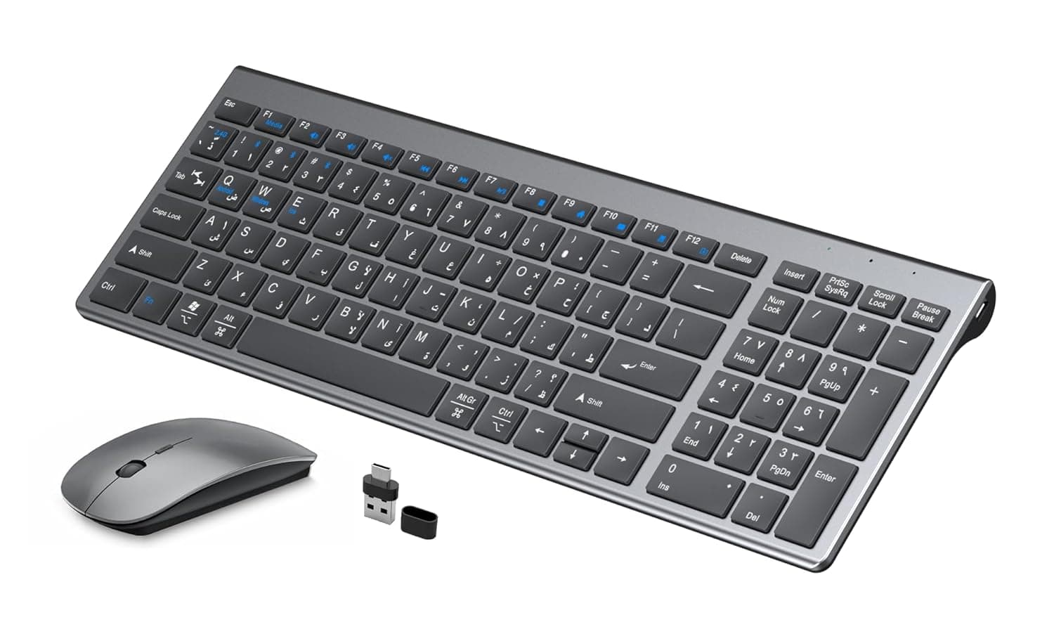 Arabic/English Keyboard and Mouse Rechargeable,Yakiter USB A & Type C Receiver 2.4G Wireless Mouse and keyboard,Type C charging Computer Keyboard and Mouse for PC, Laptop, Desktop, Phone
