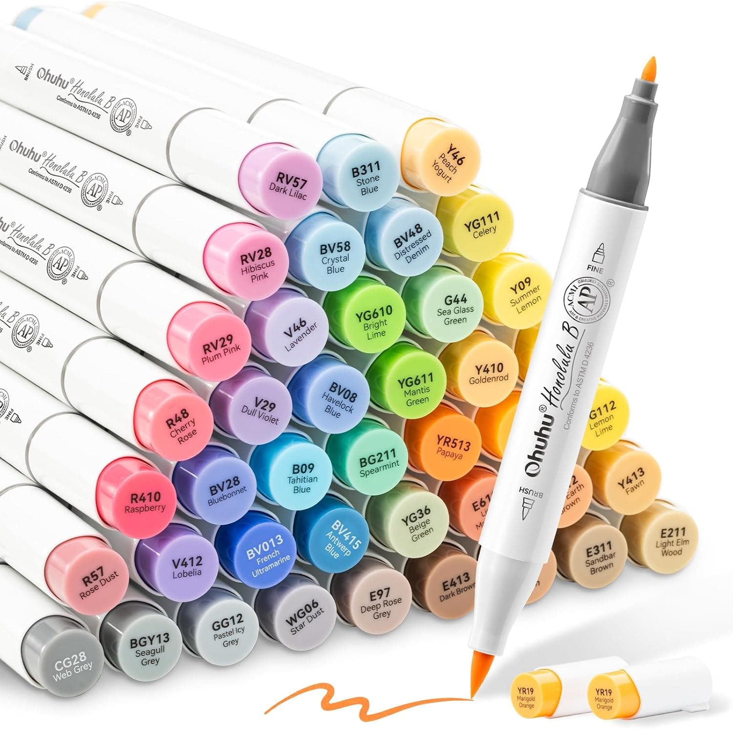Ohuhu Markers Brush Tip Mid-tone: Alcohol Markers Double Tipped Alcohol Based Art Marker Set for Artist Adults Coloring Sketch Illustration - Brush & Fine- 48 Colors- Honolulu B
