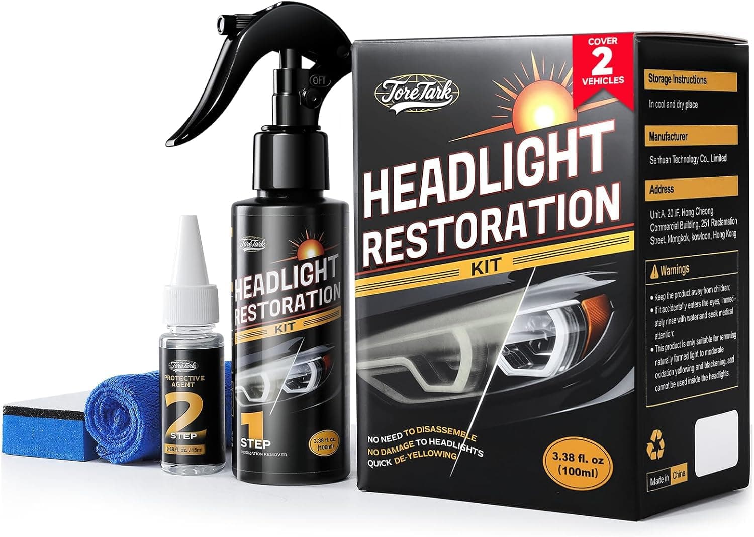Car Headlight Restoration Kit, No Power Tools Required, Restoring to Like-New Condition, Covers 2-3 Vehicle Headlight Treatments, Headlight Cleaner and Restorer Kit, Headlight Restoration Spray