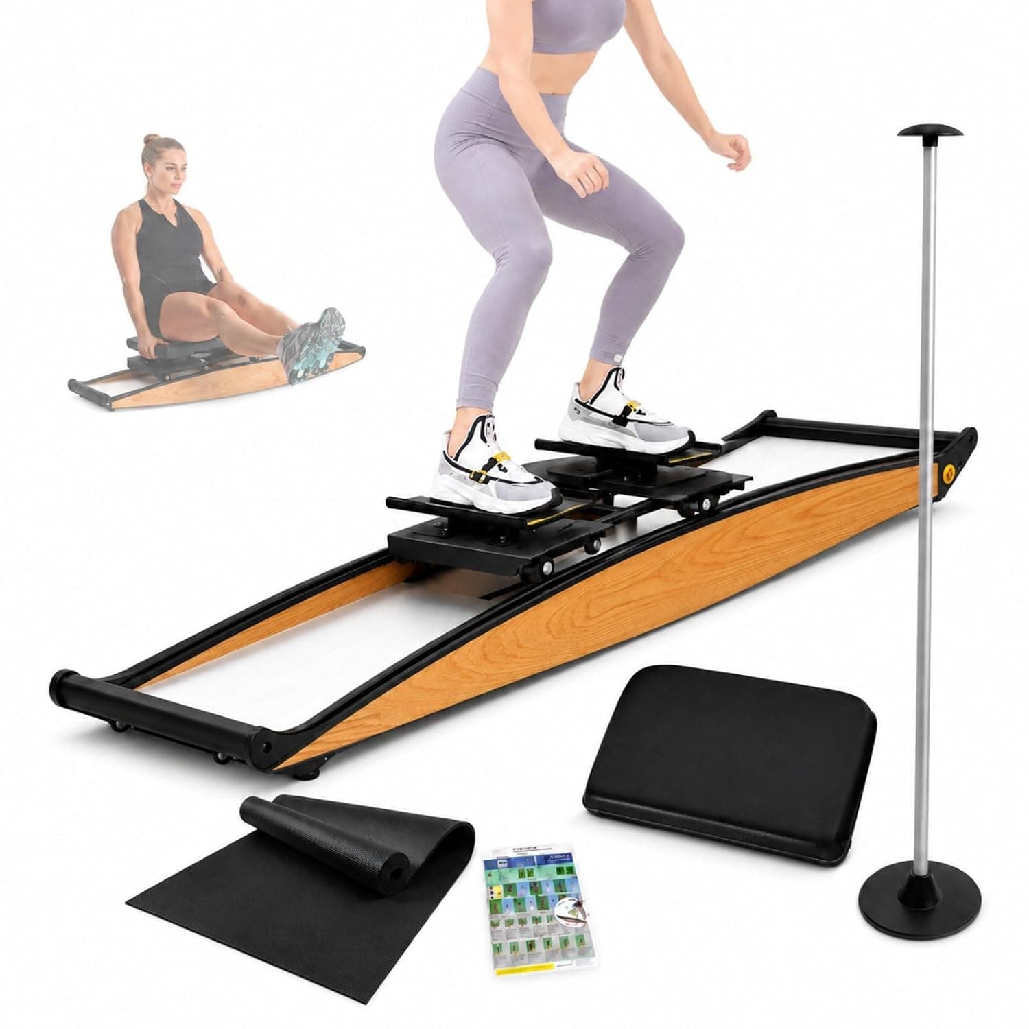 Ski Simulator, Ski Trainer with 4 Resistance Levels, Rubber Rollers | 150 kg Max Load, Removable Seat, Support Pole, Exercise Mat for Home Fitness, Balance Practice, Core Training