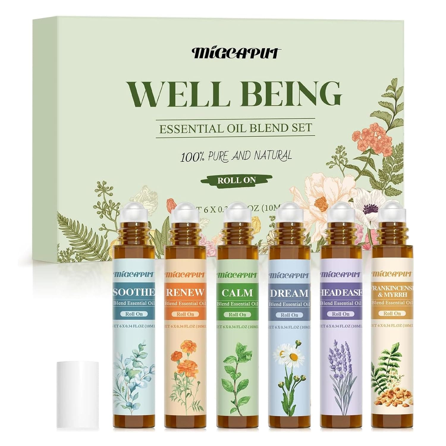 MIGCAPUT Essential Oil Roll-on Set 6 x 10 ml, Essential Oils 100% Natural Fragrance for Body, Wrists, Behind the Ears, Calm, Dream, Relaxation, Rejuvenate, Soothe