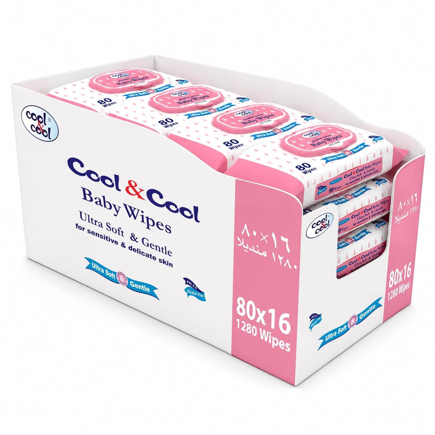 Cool & Cool Baby Wipes 80's 10 + 6 Free (Pack of 16) - Alcohol Free,Paraben Free,Vitamin E,Aloe Vera,Ultra Soft & Gentle for Sensitive & Delicate Skin 1280 Wipes