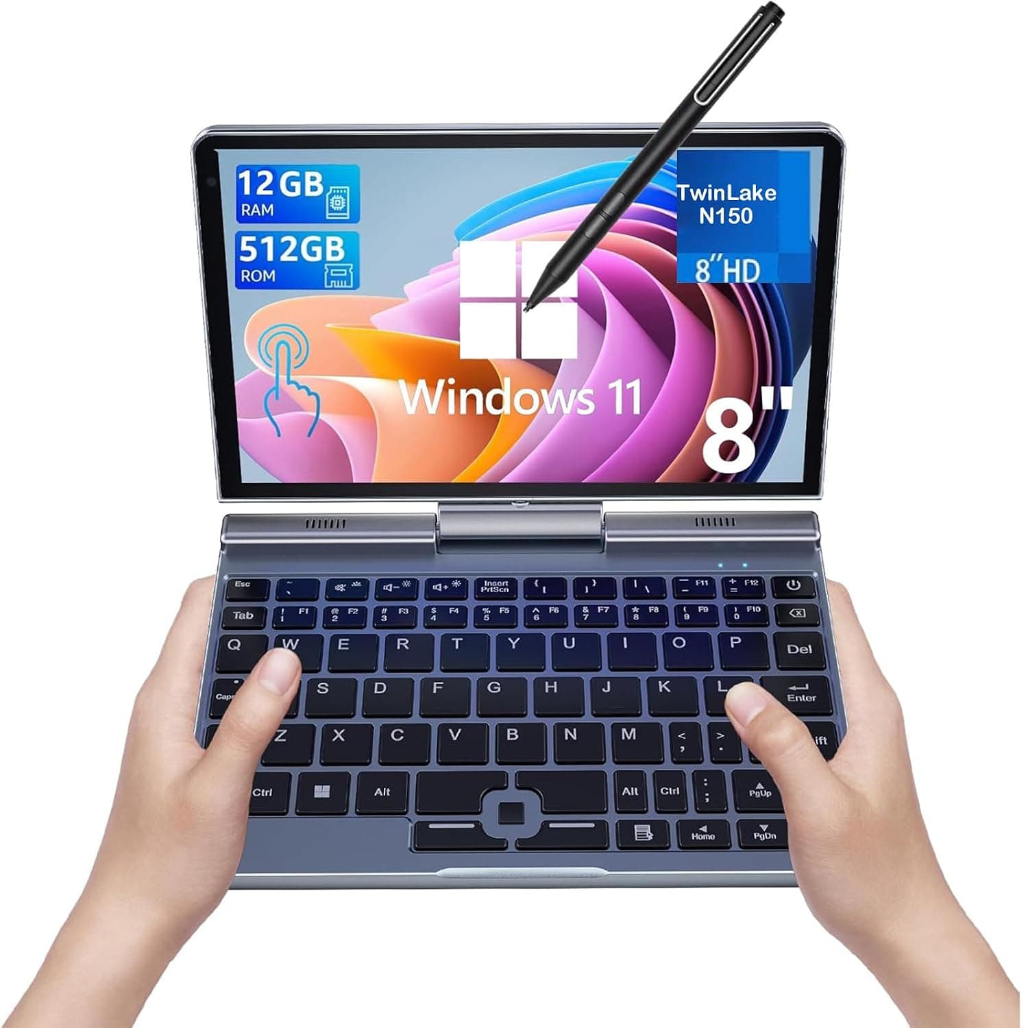 Mini Laptop 8 inch Mini 2-in-1 Laptop, Win11 Pro Pocket PC with Touchscreen, N150 Processor, 12GB LPDDR5 RAM, 512GB SSD, Wi-Fi 6