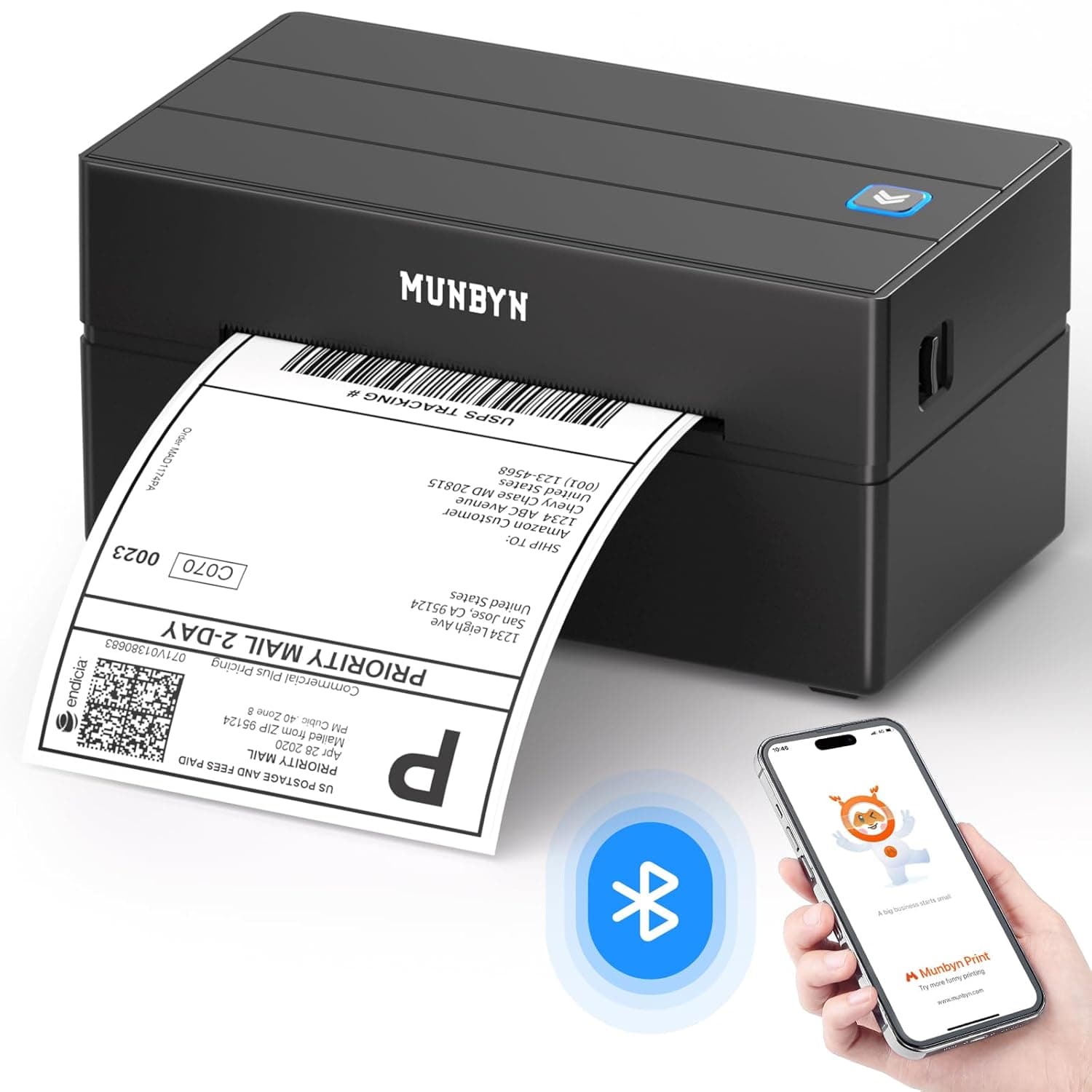 MUNBYN Shipping Label Printer Bluetooth Connection, Thermal Label Printer 4x6, Postage Thermal Printer for Business, Compatible with Etsy, Shopify, eBay, Amazon, Royal Mail, DHL, DPD, Evri, Black
