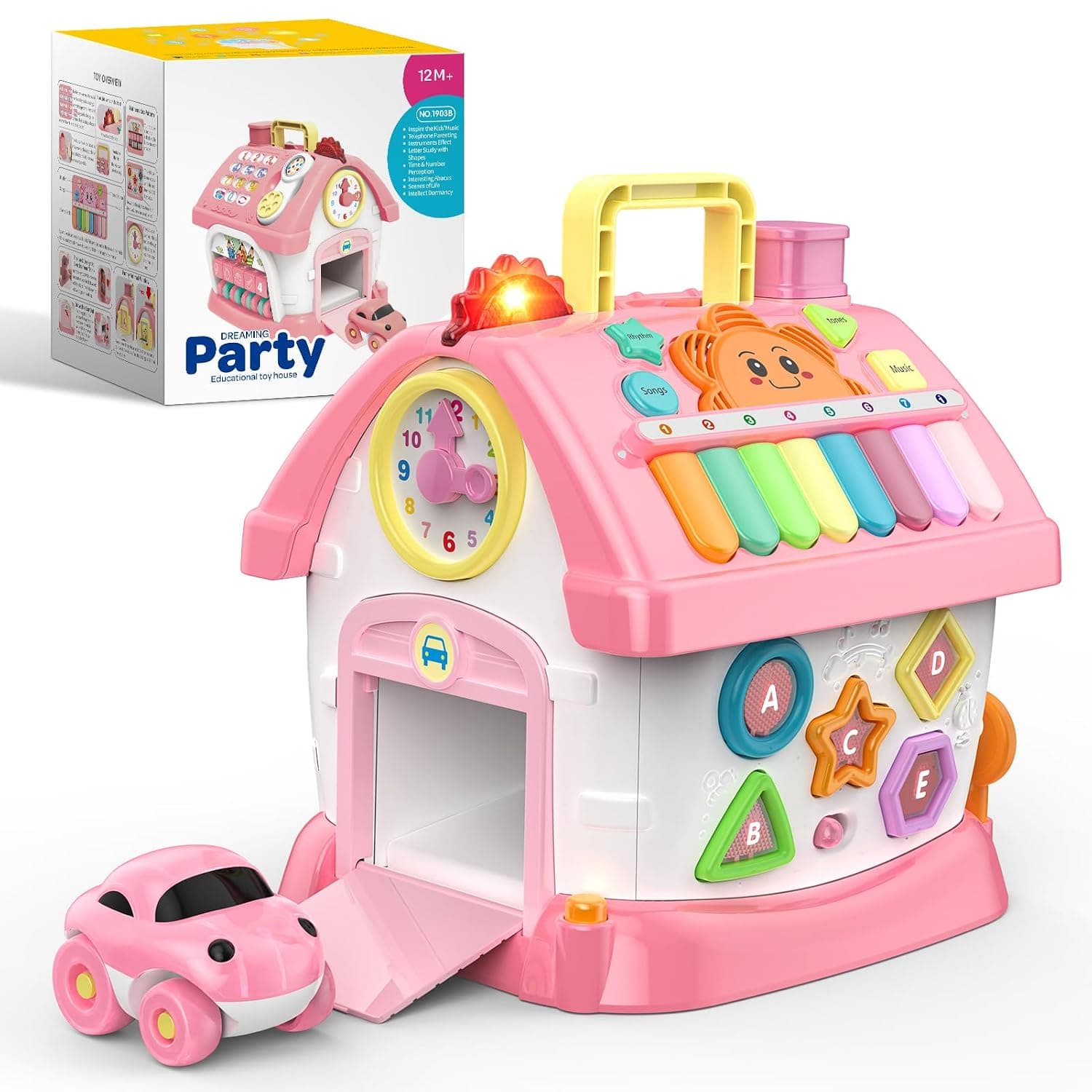 Toy from 1 2 3 years girls: Montessori toy from 1 year, 6 in 1 multi-function house baby toy with music, clock, light, phone, car, birthday gift for girls 1-3 years (pink)