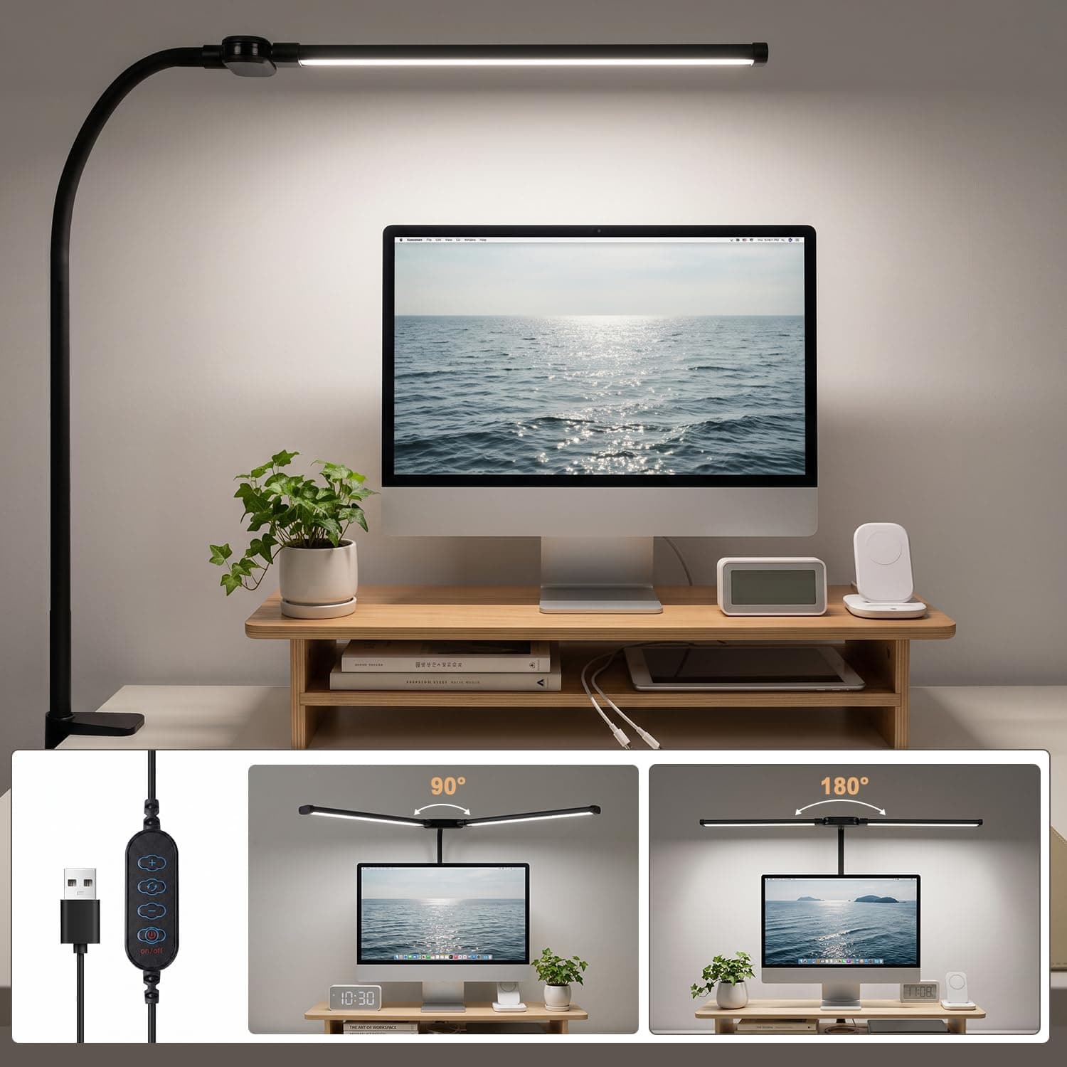 Necomi LED Desk Lamp Clip on Desk Light, 180° Adjustable Double Head Architect Light with Clamp, 360° Flexible Metal Goose-Neck, 3 Modes and 10 Brightness for Desk Headboard Bedroom Study Office