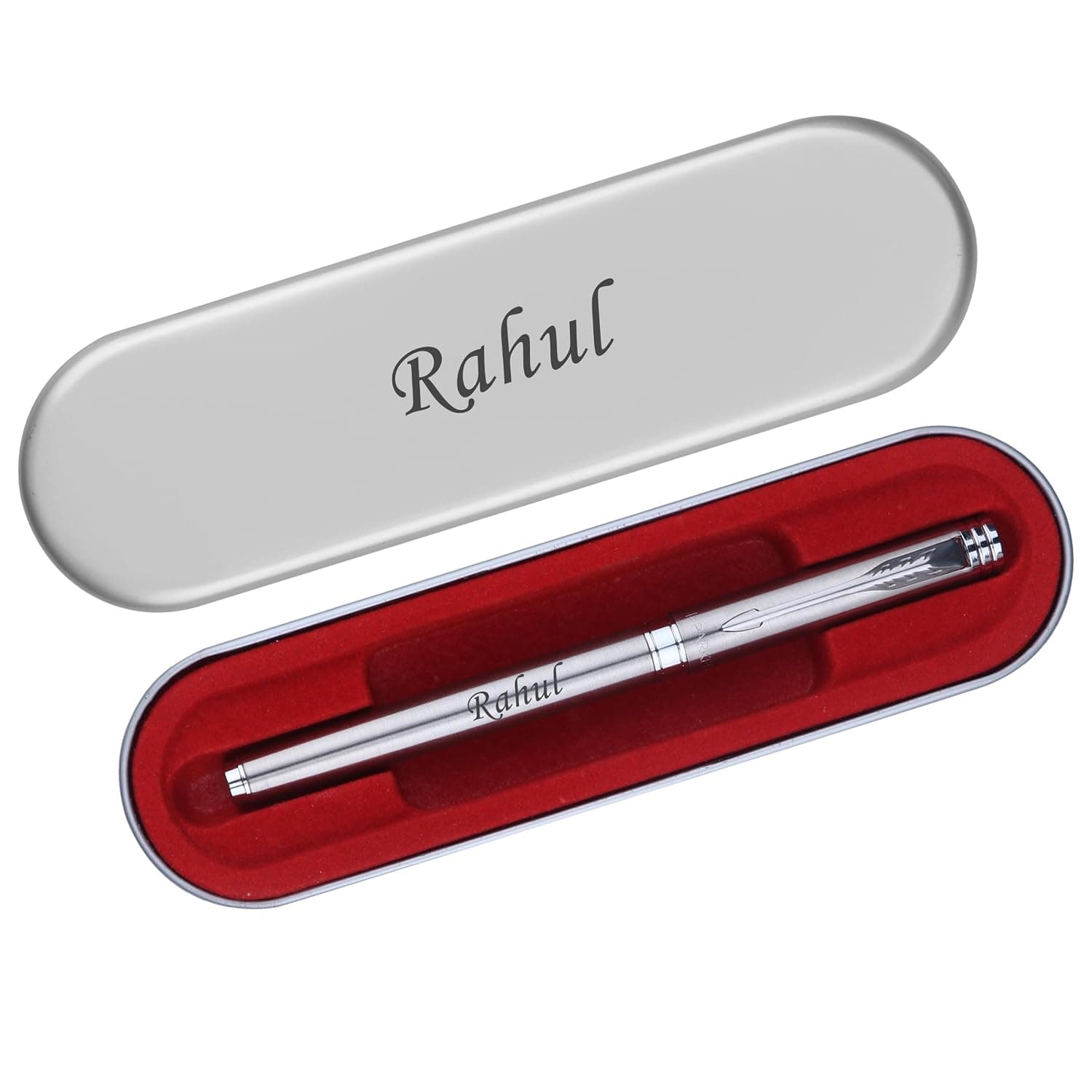 The Wallet Store Parker Stainless Steel Chrome Trim Roller Ball Pen With Personalized Name & Gift Box