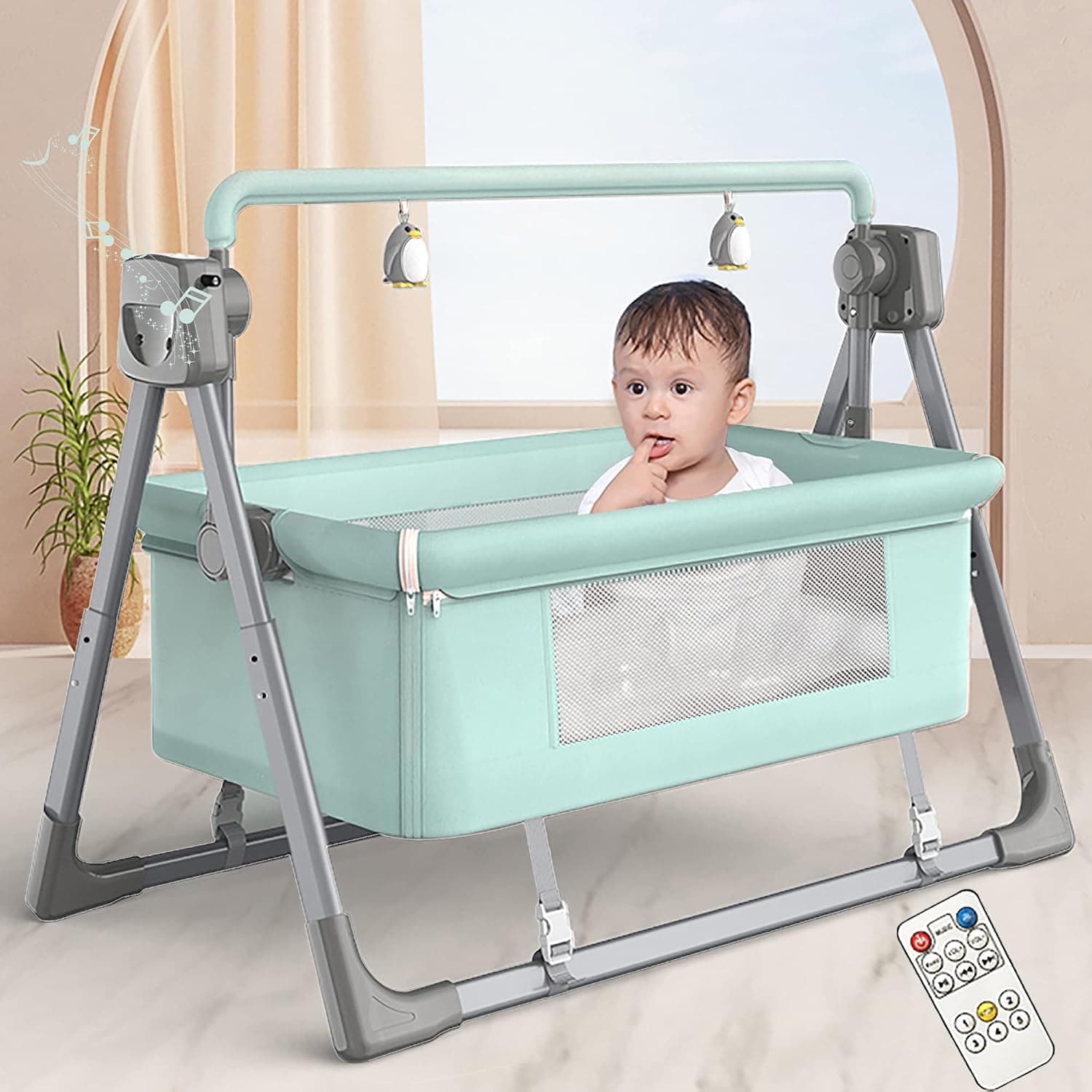 3 In 1 Baby Swing And Bouncer For Infants,Portable Newborn Rocker With 5 Speed Sway Music Timing 2 Toys Remote Control,Easy Fold,Compact Electric Baby Swing,Baby Swings For Infants To Toddler Boy Gi