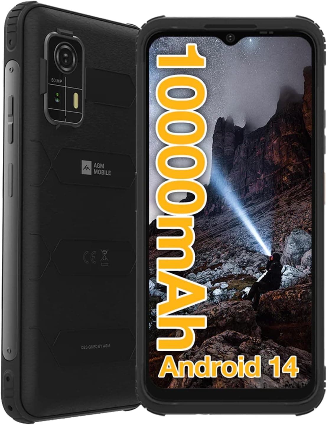 AGM H Max 4G Rugged Smartphone Unlocked,Android 14, 4GB+128GB,10000mAh | 6.56” HD+ Display|IP68|IP69K|Face ID| Dual SIM|NFC|Outdoor Phone